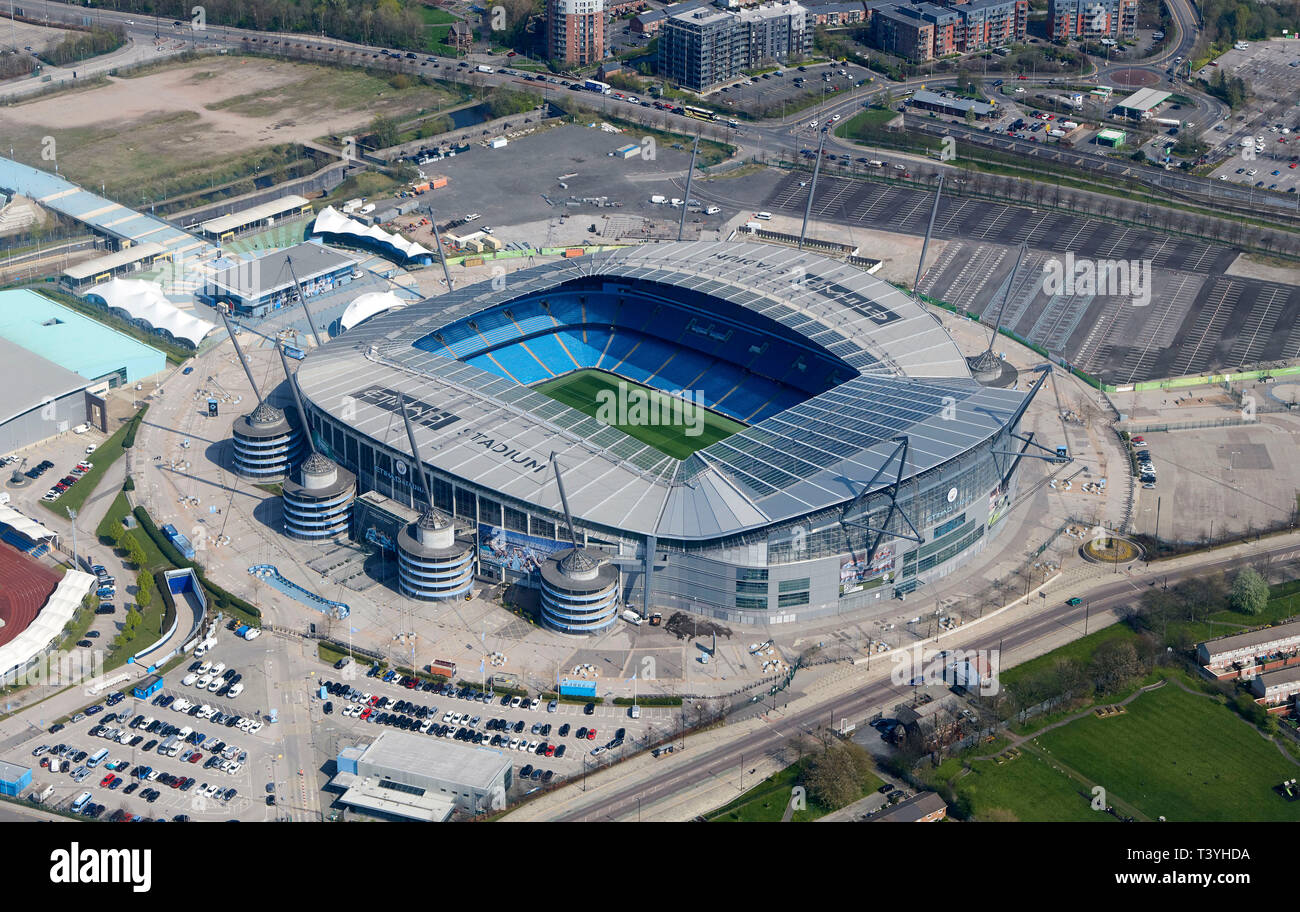An aerial view of Manchester City Etihad Stadium complex, North West England, UK Stock Photo