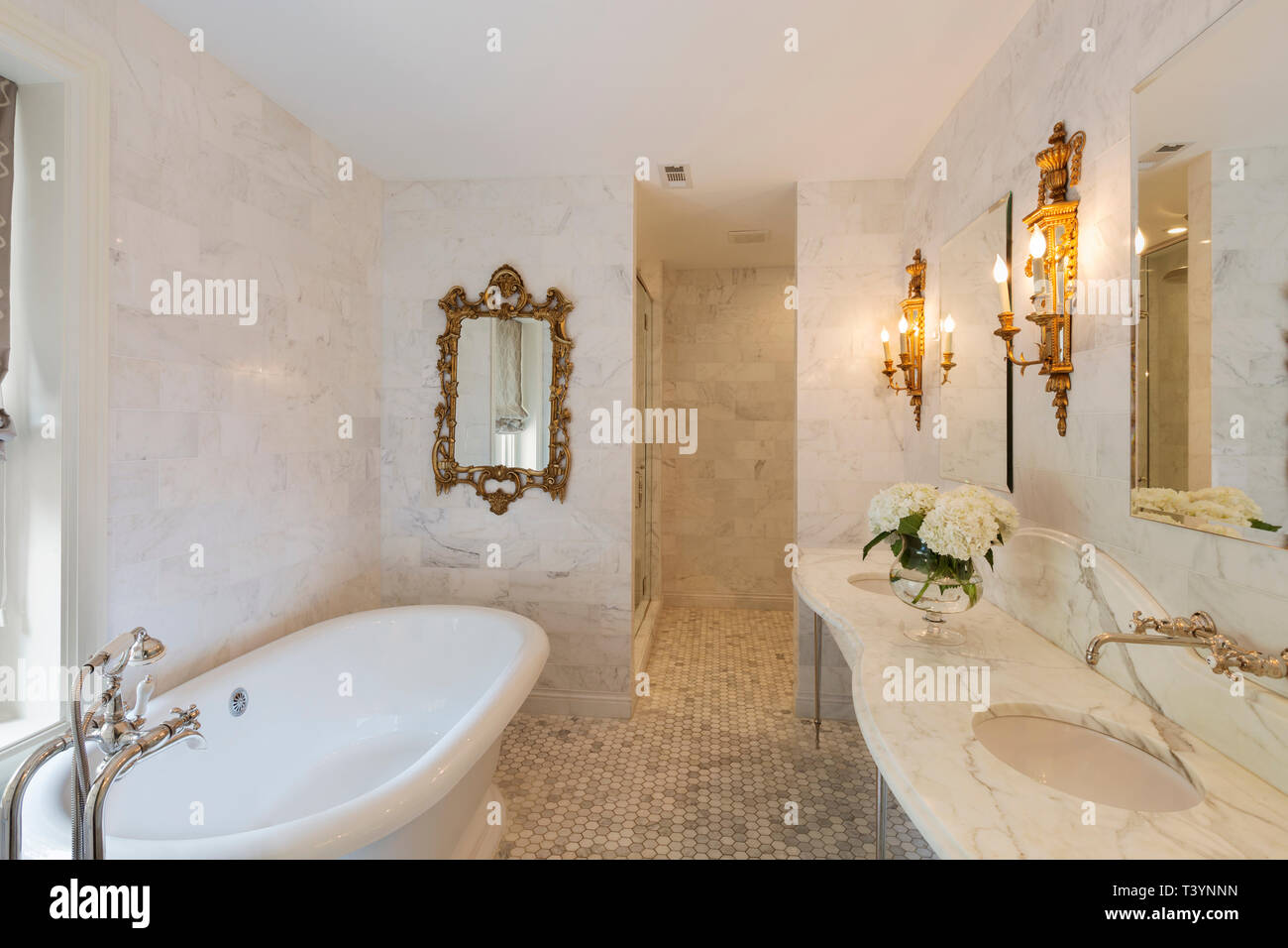 Bathtub and mirrors in ornate bathroom Stock Photo Alamy