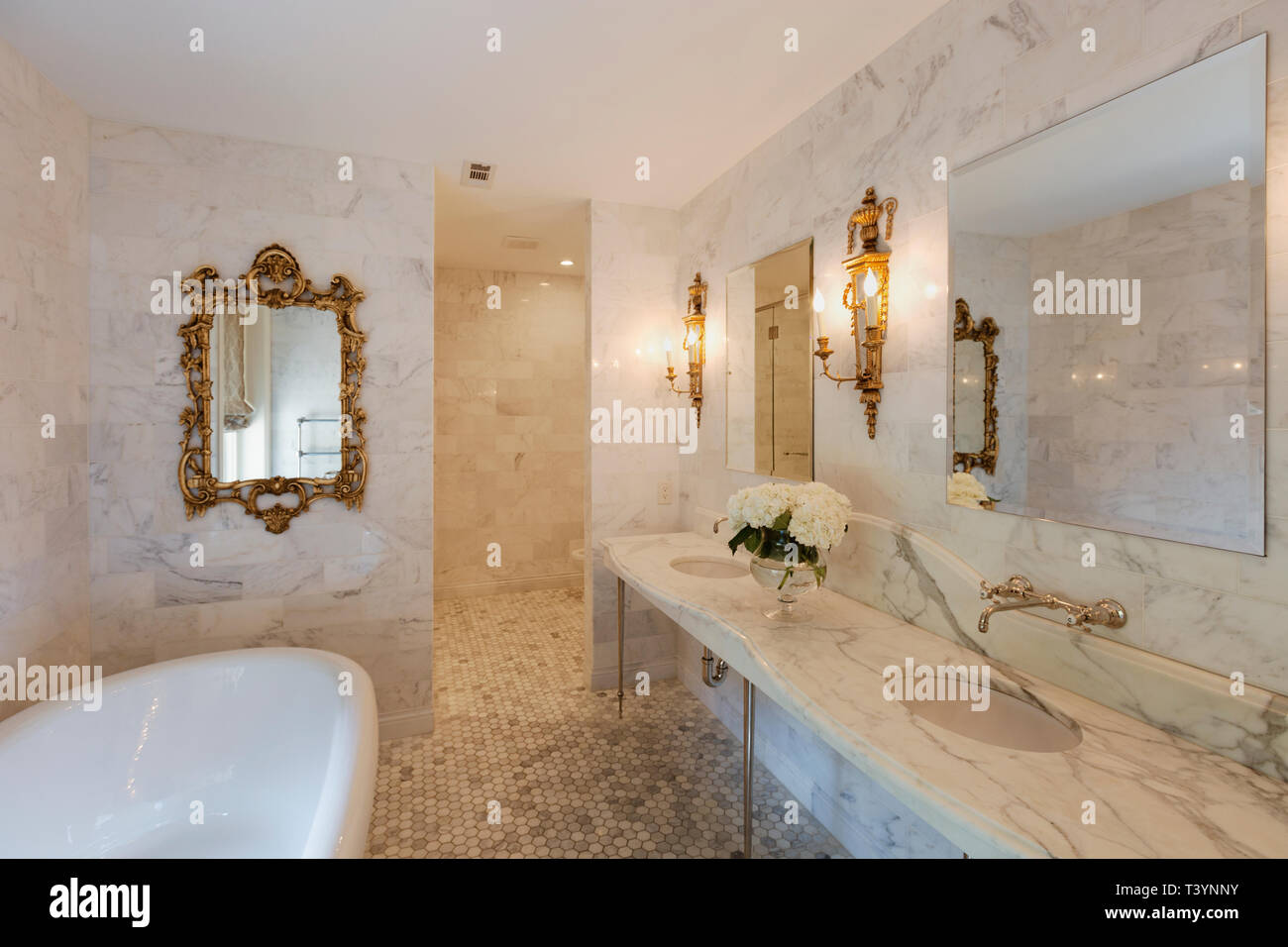Bathtub and mirrors in ornate bathroom Stock Photo Alamy