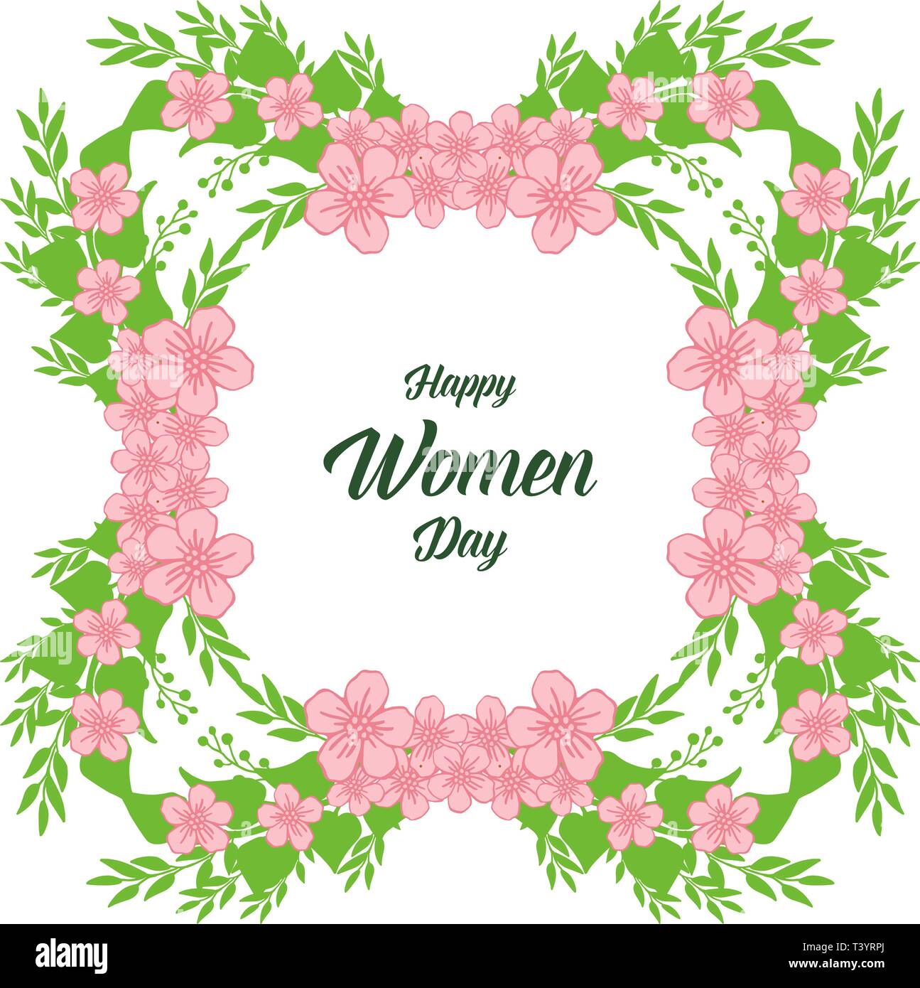 Vector illustration writing happy women day with beautiful leaf wreath ...