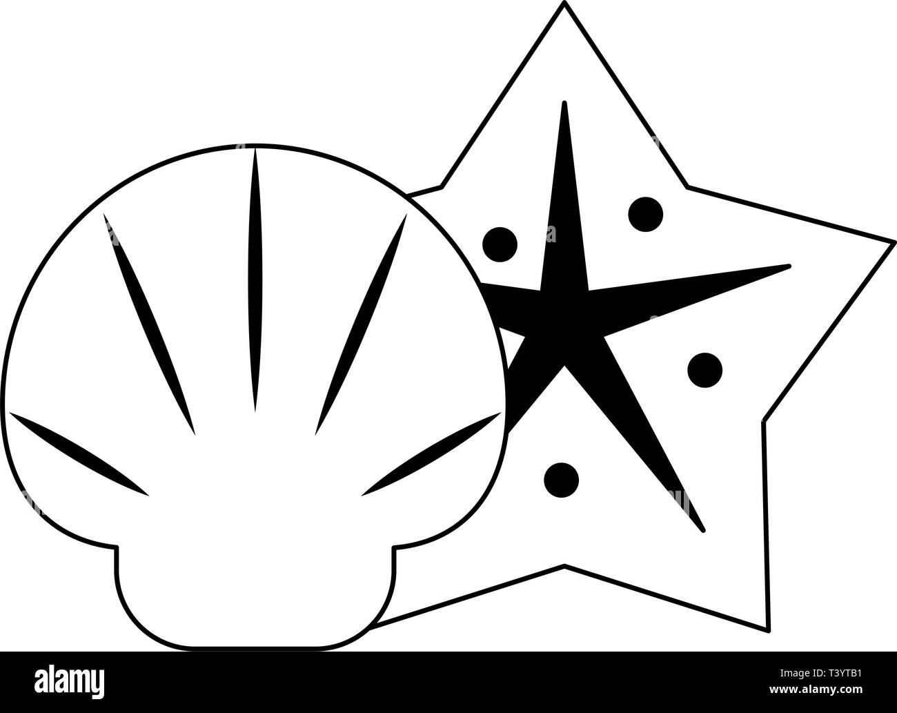 Shell and sea star cartoons isolated black and white Stock Vector Image ...