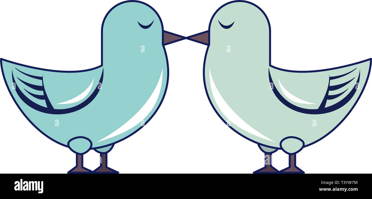 Cute birds kiss cartoon isolated blue lines Stock Vector
