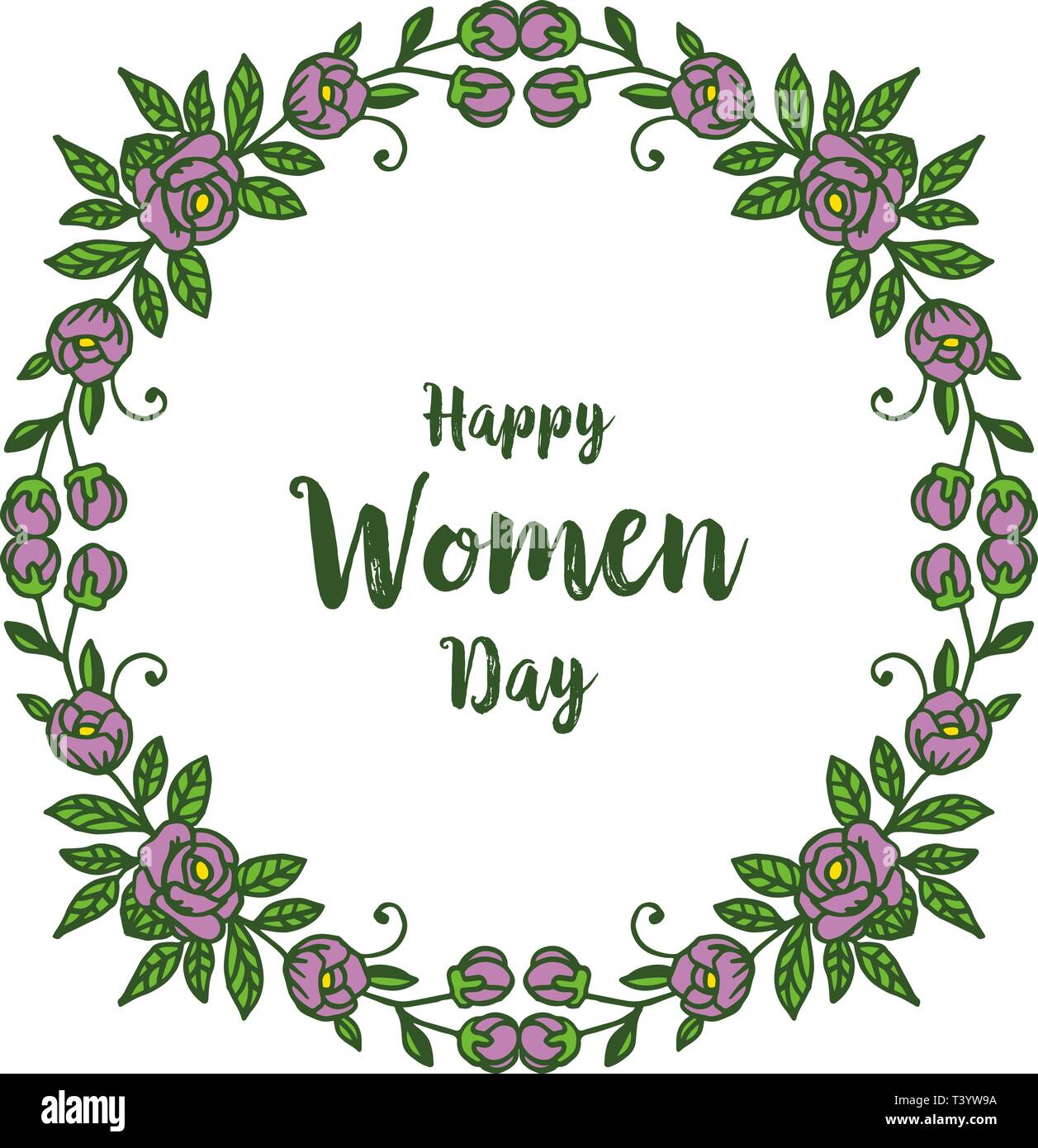 Vector illustration rose purple flower frame with banner happy women ...