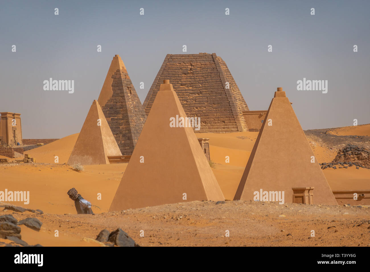 Meroe, Sudan, February 10., 2019: Restored Pyramids of the Black Pharaohs of Meroe in Sudan Stock Photo