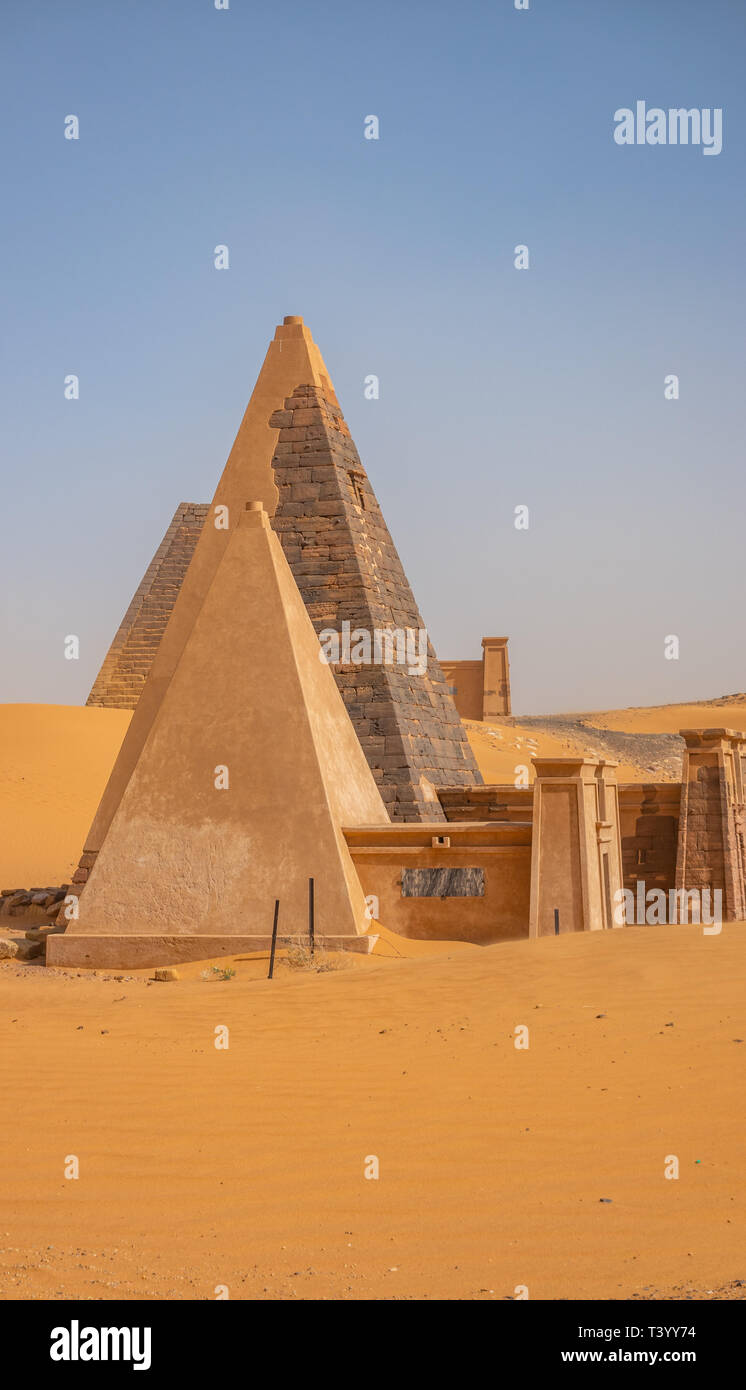 Meroe, Sudan, February 10., 2019:Restored Pyramids of the Black Pharaohs of Meroe in Sudan Stock Photo
