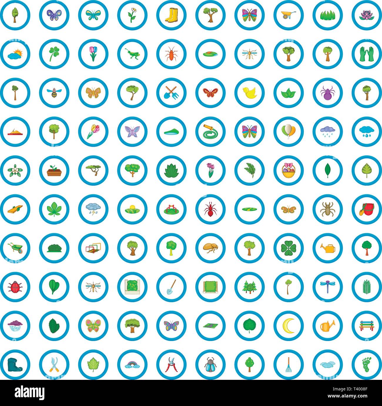 100 spring time icons set, cartoon style Stock Vector