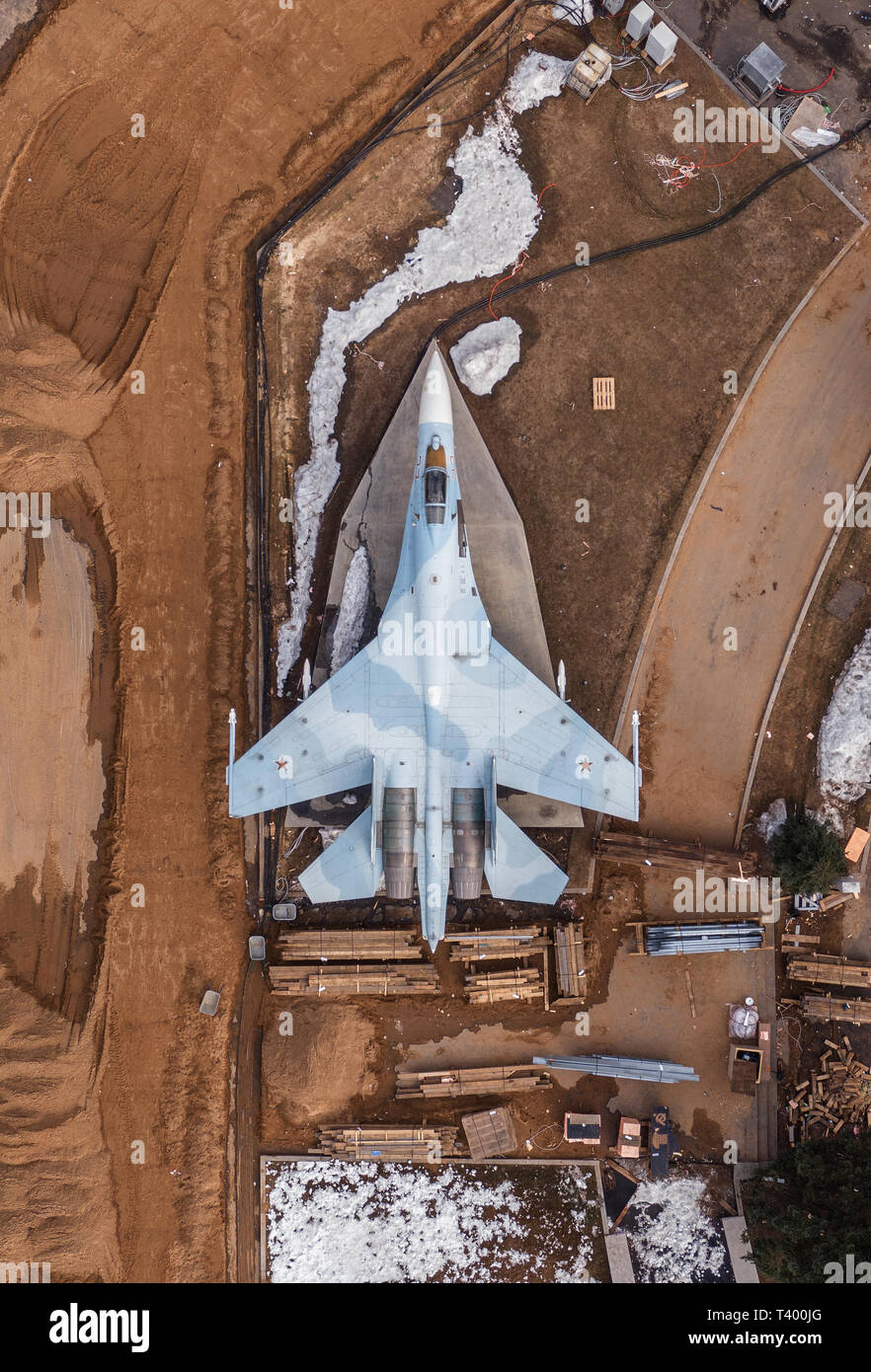 Moscow, April 7, 2019. The Sukhoi Su-27 fighter aircraft stands on a static exposition of the VDNKH. Stock Photo