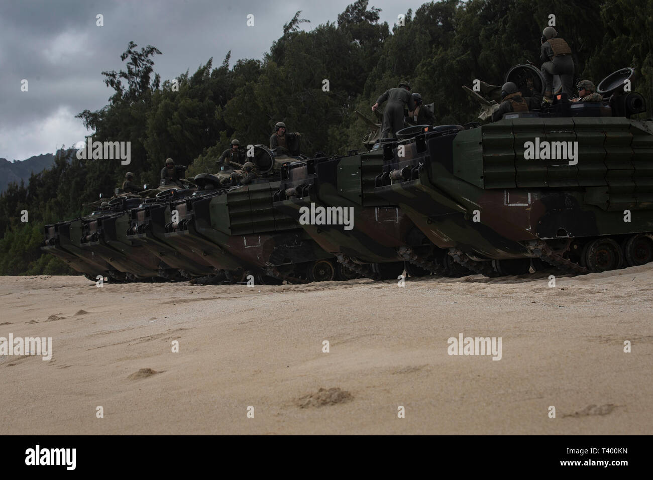 U.S. Marines with Combat Assault Company, 3d Marine Regiment, prepare amphibious assault vehicles prior to conducting a beach assault exercise at Marine Corps Training Area Bellows, Marine Corps Base Hawaii, Apr. 9, 2019. The unit conducted a simulated beach assault to improve their lethality and cooperation, as a mechanized unit and force in readiness. (U.S. Marine Corps photo by Sgt. Alex Kouns) Stock Photo