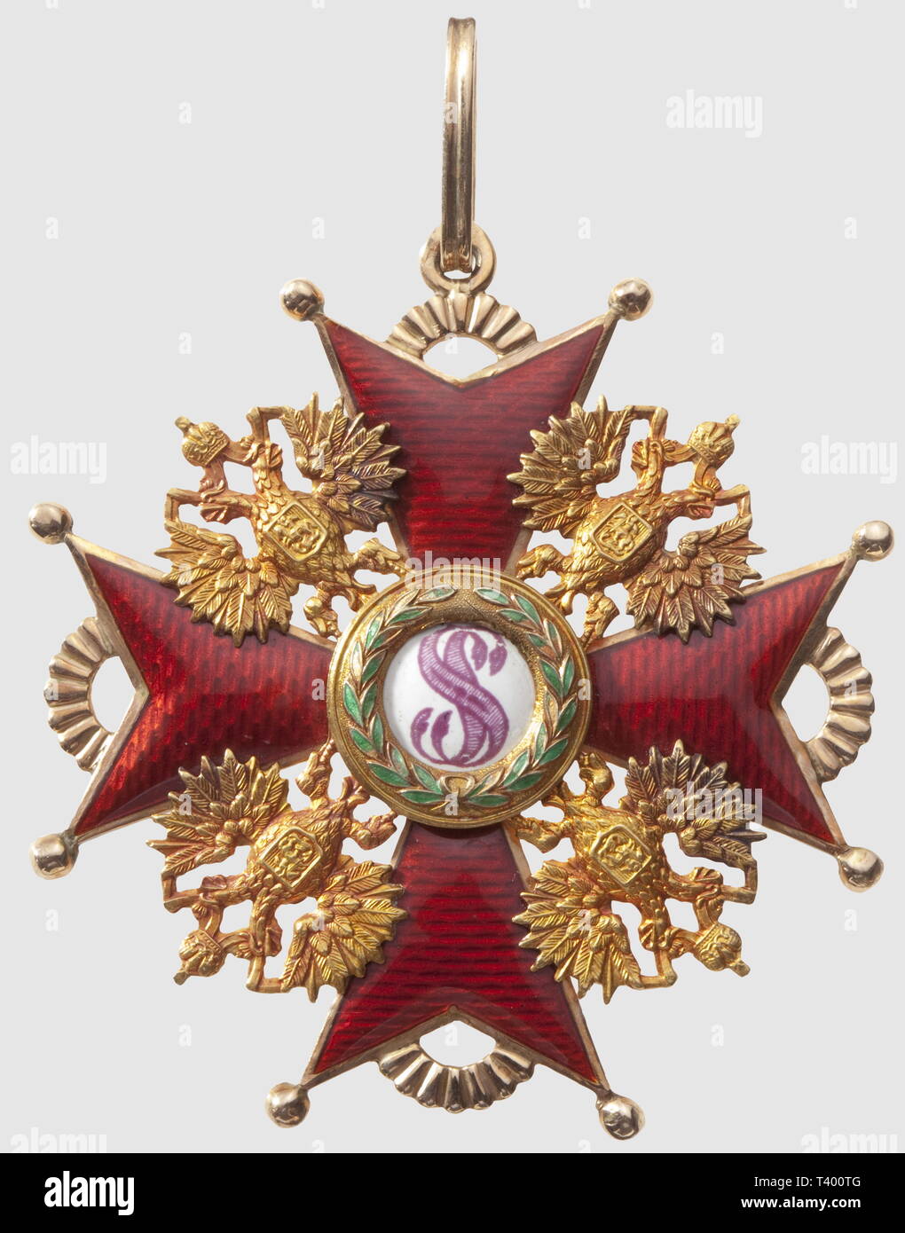 Ordre de Saint Stanislas, bijou de 1ère classe par Eduard, poincon "BA"  (Vera Ditvald 1910-1917), "56", or, diamètre 72 mm, avec écharpe. Cet  ordre, qui était à l'origine polonais, fut créé par