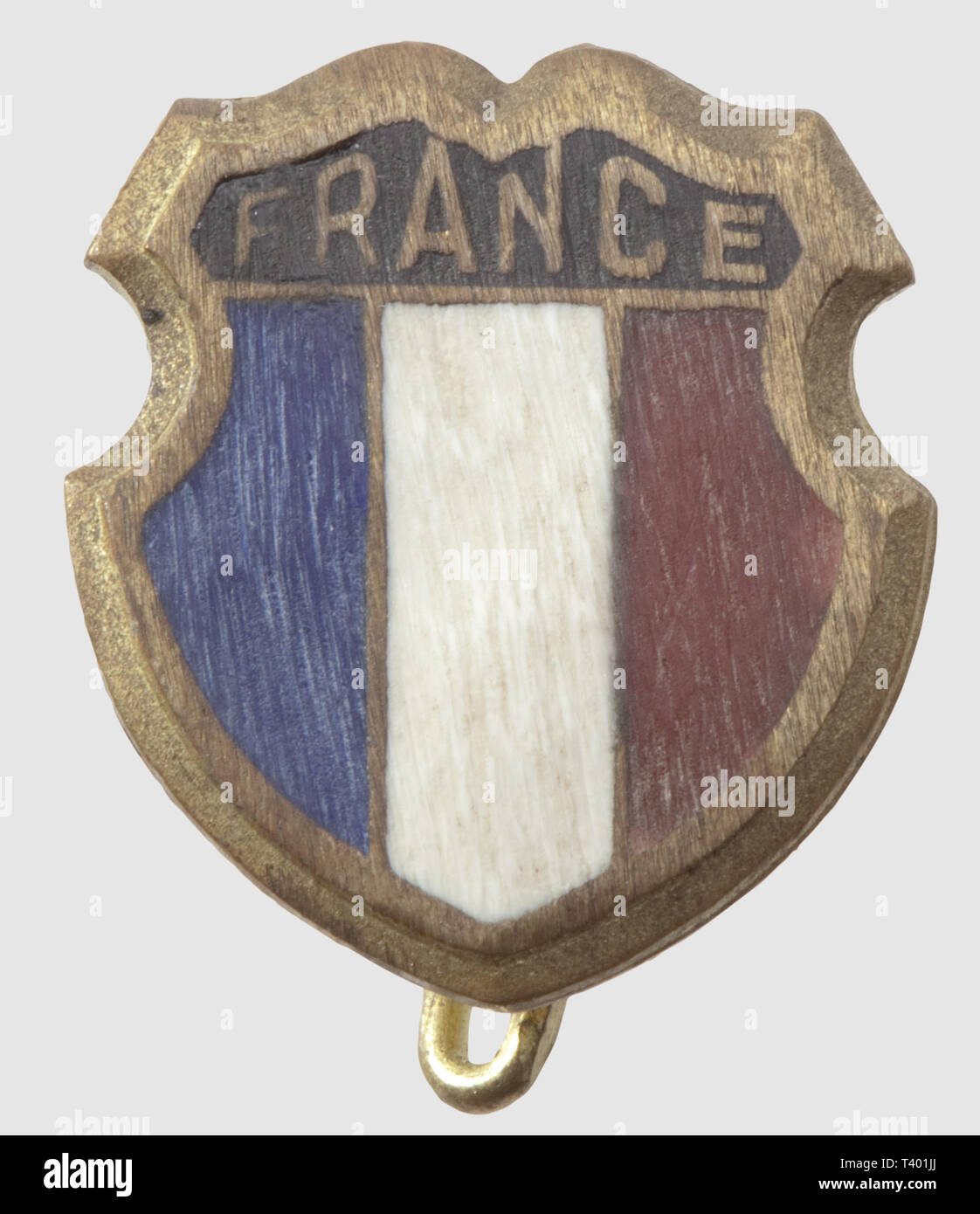 DEUXIEME GUERRE MONDIALE ET FRANCE OCCUPEE, Insigne 'France' Division Charlemagne, usure, dimensions 16 x 15 mm, Editorial-Use-Only Stock Photo