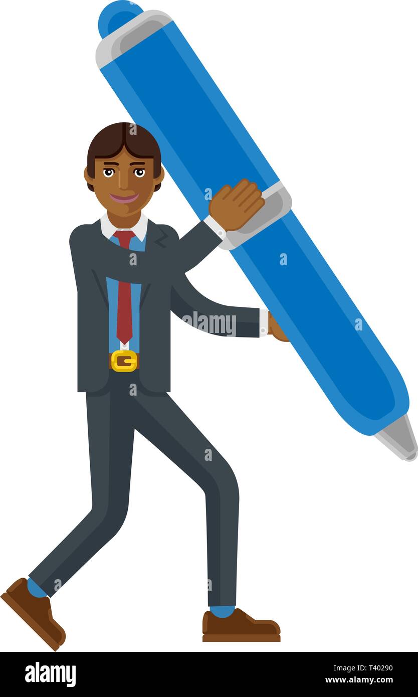 Asian Business Man Holding Pen Mascot Concept Stock Vector