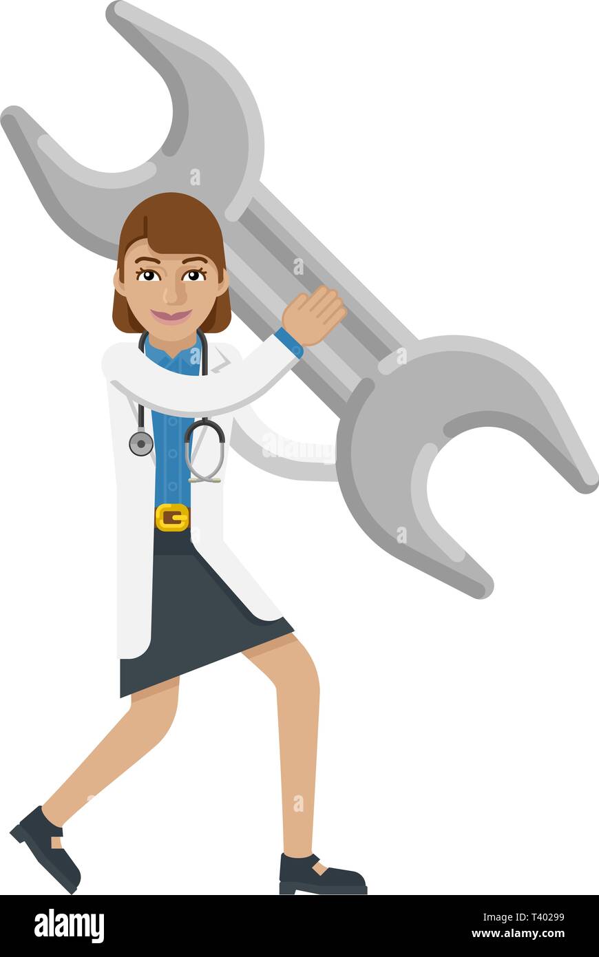 Doctor Woman Holding Spanner Wrench Mascot Concept Stock Vector
