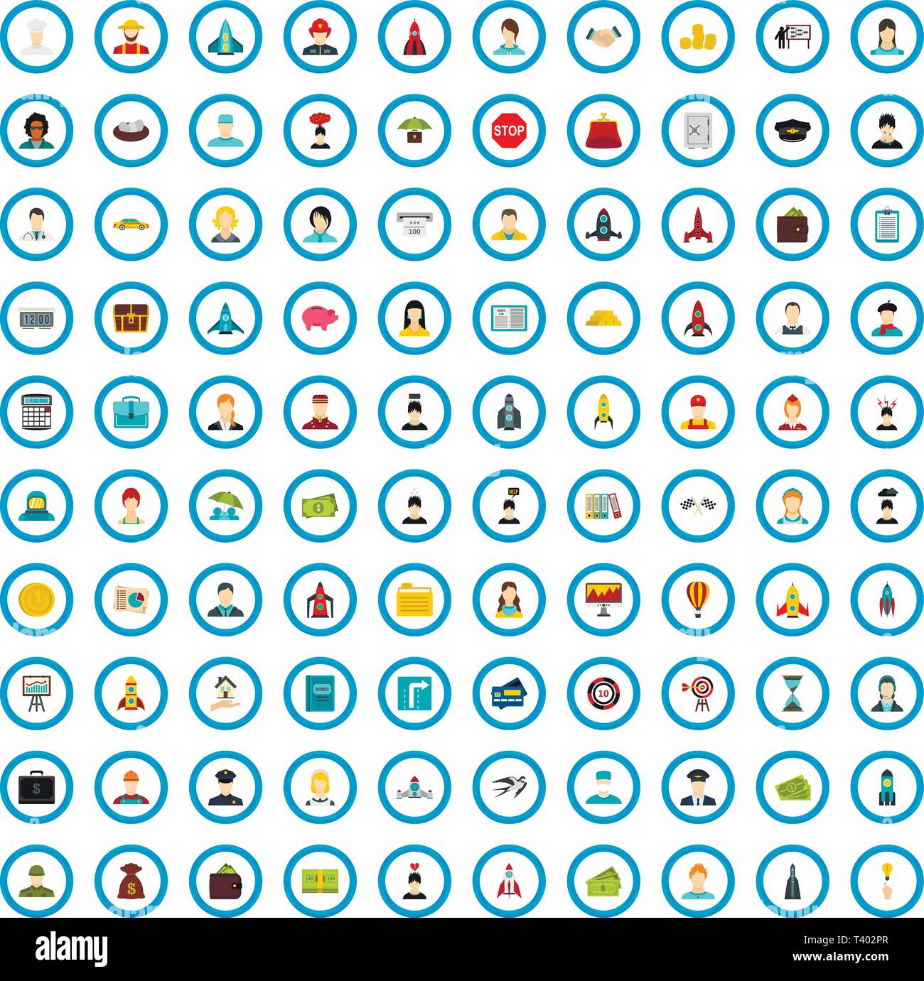 100 startup icons set, flat style Stock Vector
