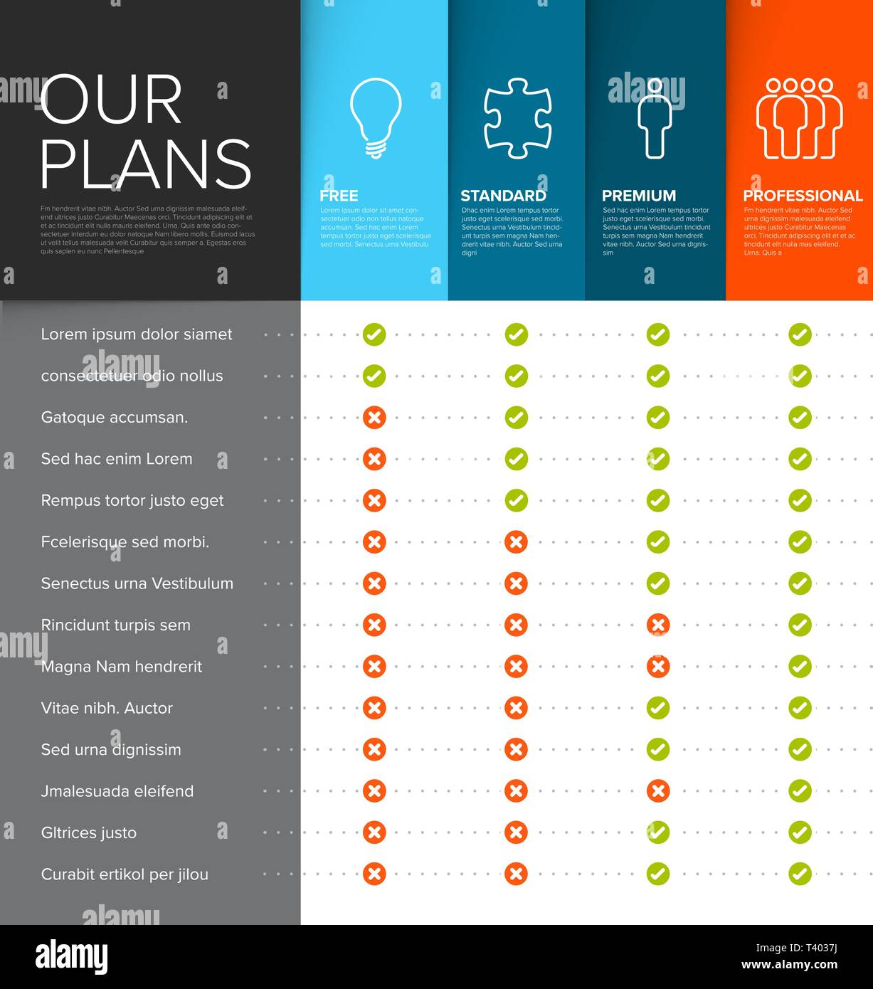 Products features list table template with products or services options Products features list table template with products or services options