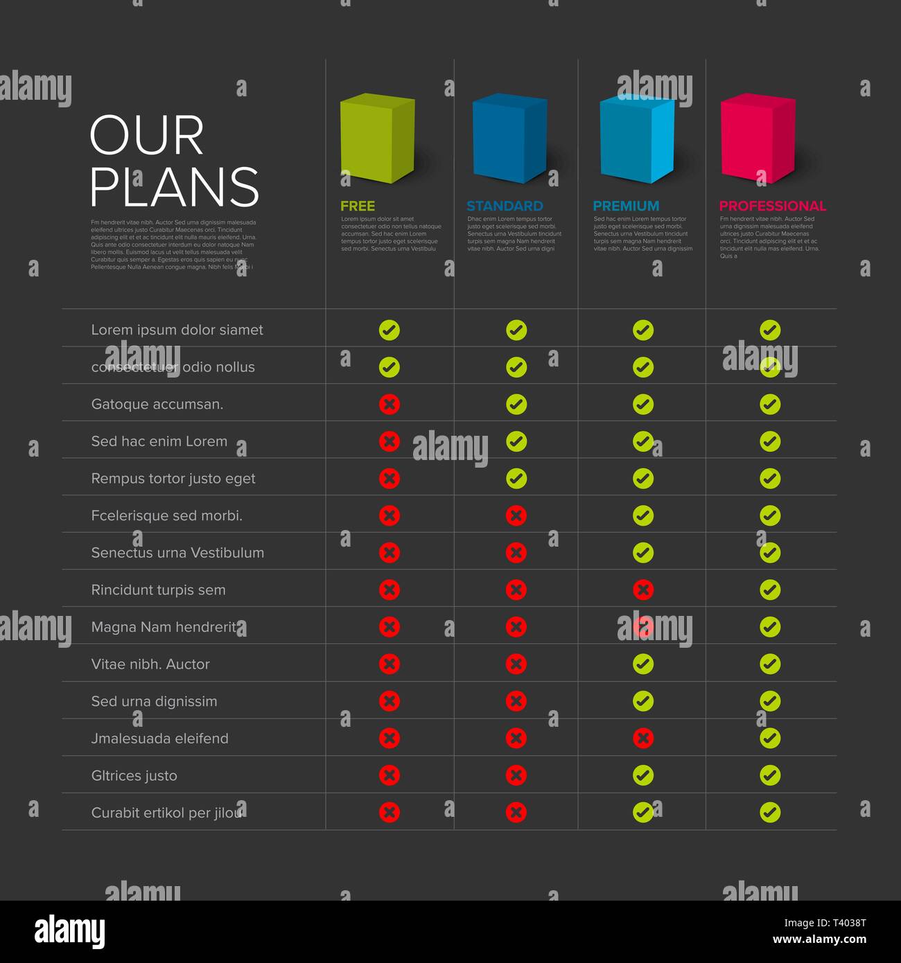 Products features list table template with products or services boxes