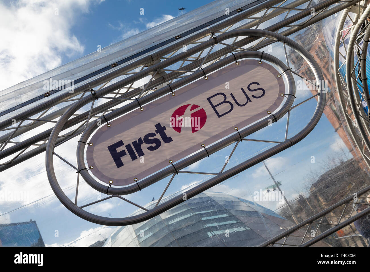 First Bus logo at the new 77 bus launch in Glasgow Stock Photo