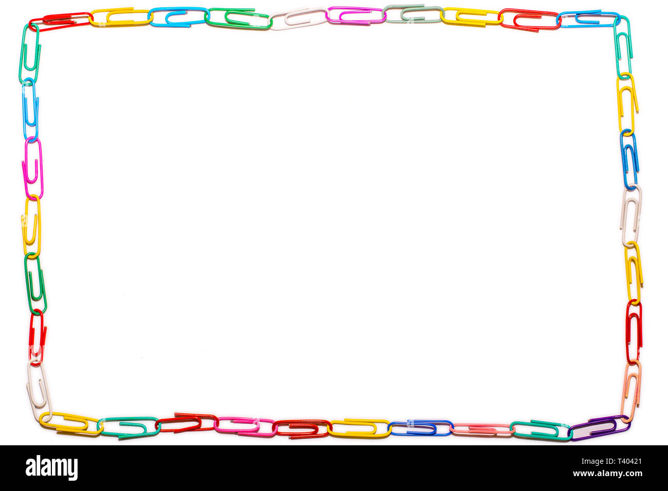 Straight frame made of colorful paper clips on white background Stock Photo