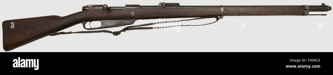 ARMES A FEU, Fusil à répétition Spandau Mle Gewehr 1888, calibre 8 x 57 JS, no. d'ordre de fabr. 71U/599, intéressant G88 en BE, patiné mais encore dans son bronzage, produit par l'arsenal de Spandau en 1896, puis modifié pour utiliser les lames chargeurs du Mauser modèle 1898, avec sa bretelle d'origine. C'est l'arme des réservistes allemands lors de la Première Guerre mondiale, Additional-Rights-Clearance-Info-Not-Available Stock Photo