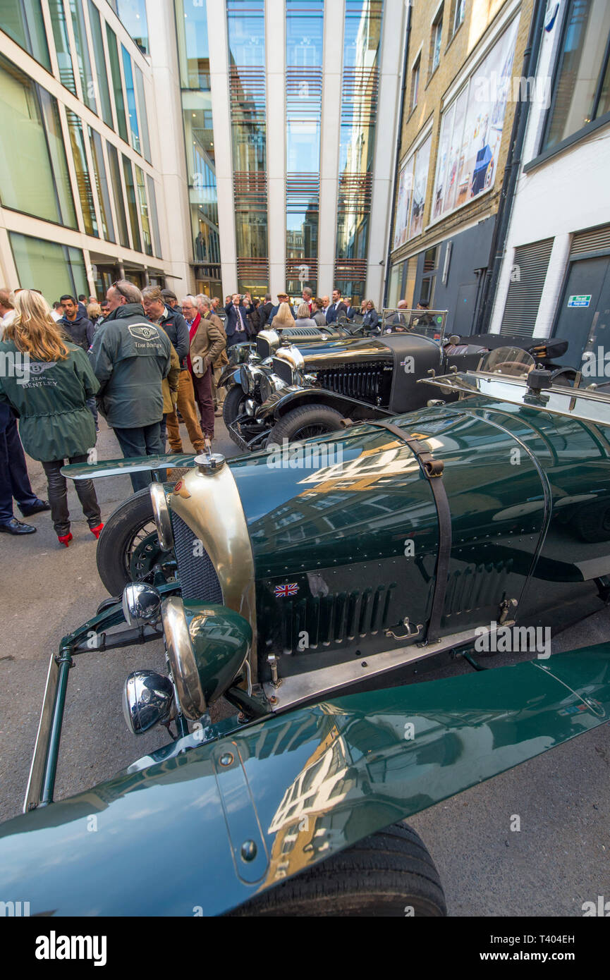 More than 25 Pre-War Bentleys at Bonhams New Bond Street for preview of ‘The Age of Endeavour Exhibition’ celebrating 100 years of the racing Bentley. Stock Photo