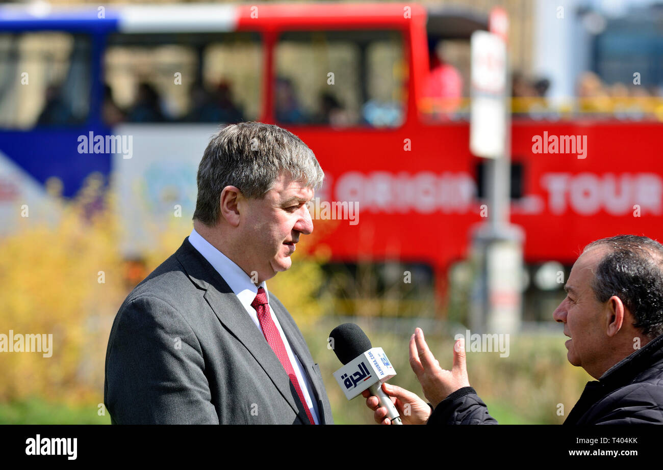 Alistair Carmichael (LibDem: Orkney and Shetland) interviewed on College Green, Westminster April 11th 2019 Stock Photo