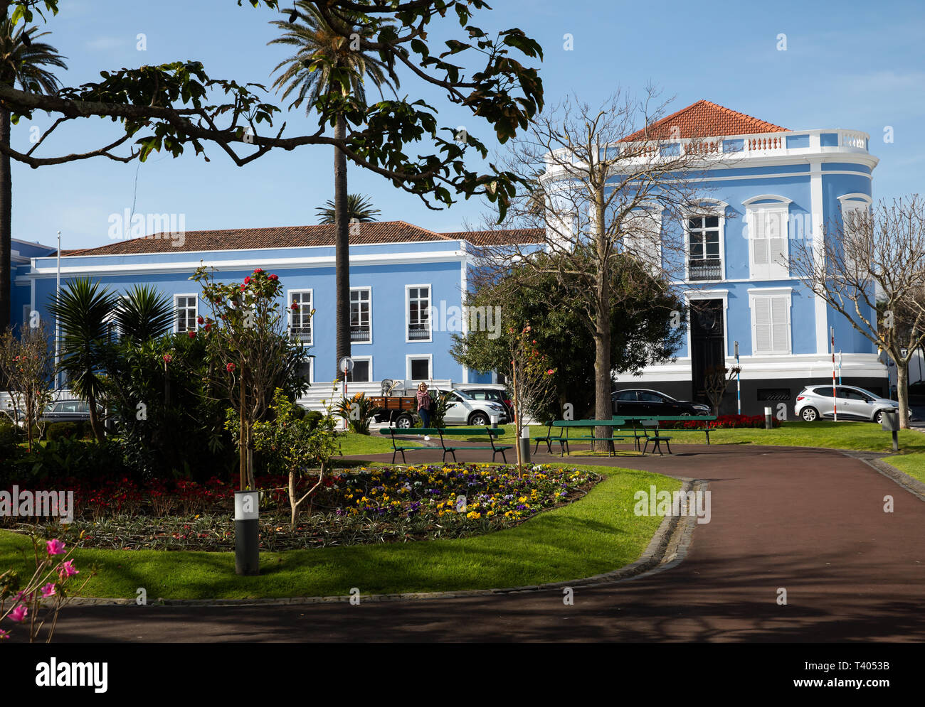 Blue and white building in The Azores Stock Photo