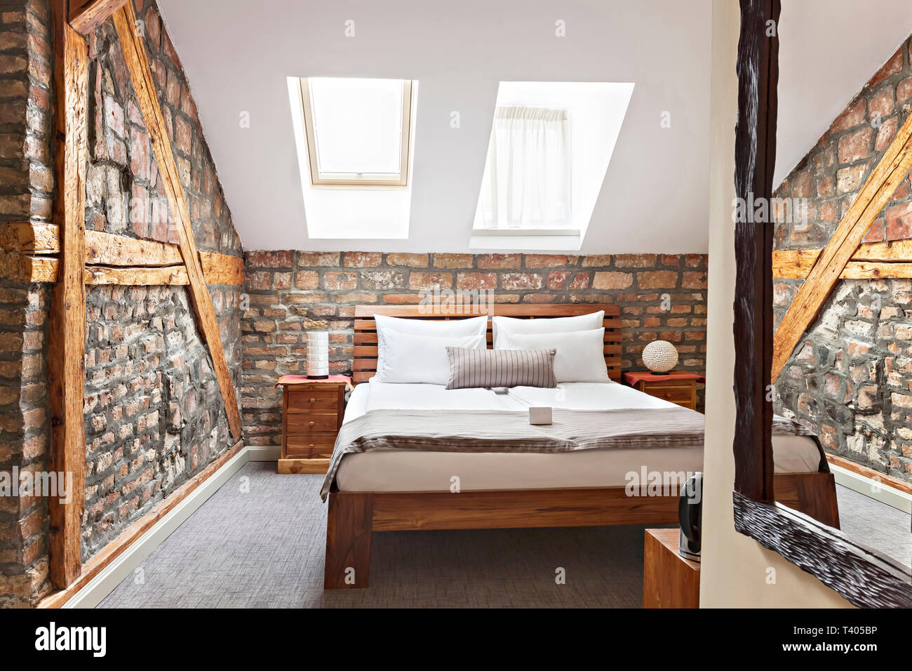 Bedroom Interior In Luxury Loft Attic Apartment With Roof