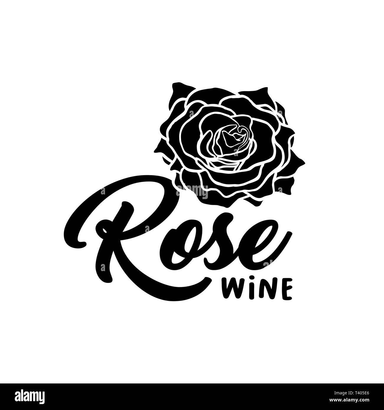 Rose wine silhouette vector illustration. Black ink handwritten calligraphic lettering. Rosebud