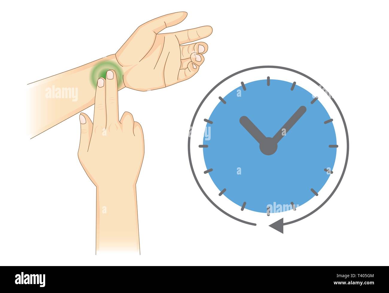 Doing use two fingers to check radial Pulse with time icon. Stock Vector