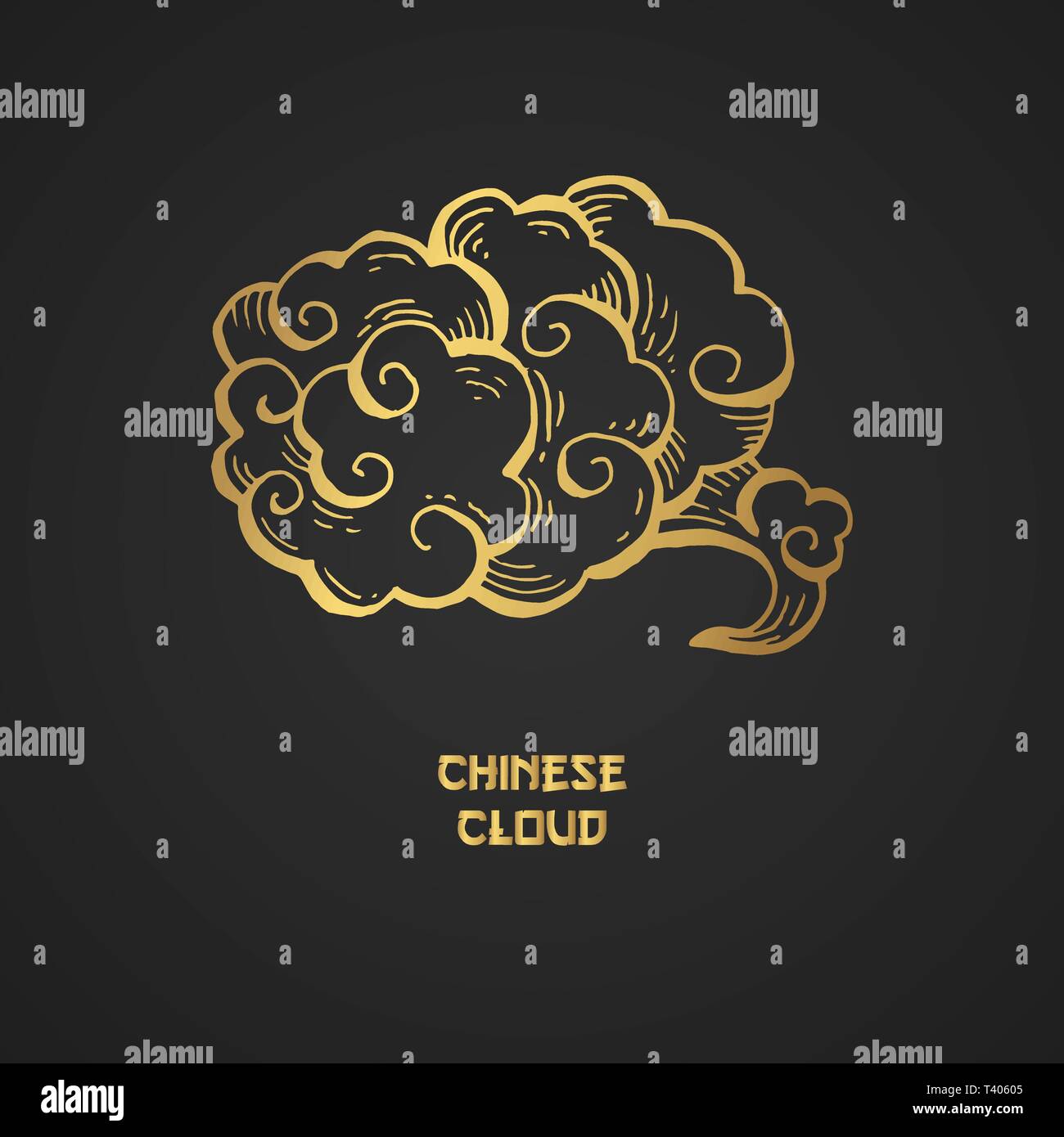 Golden Chinese Clouds hand drawn vector illustration. Overcloud Outline. Smoke black and gold abstract clipart. Chinese art drawing with engraving. Wind blowing. Isolated postcard design element Stock Vector