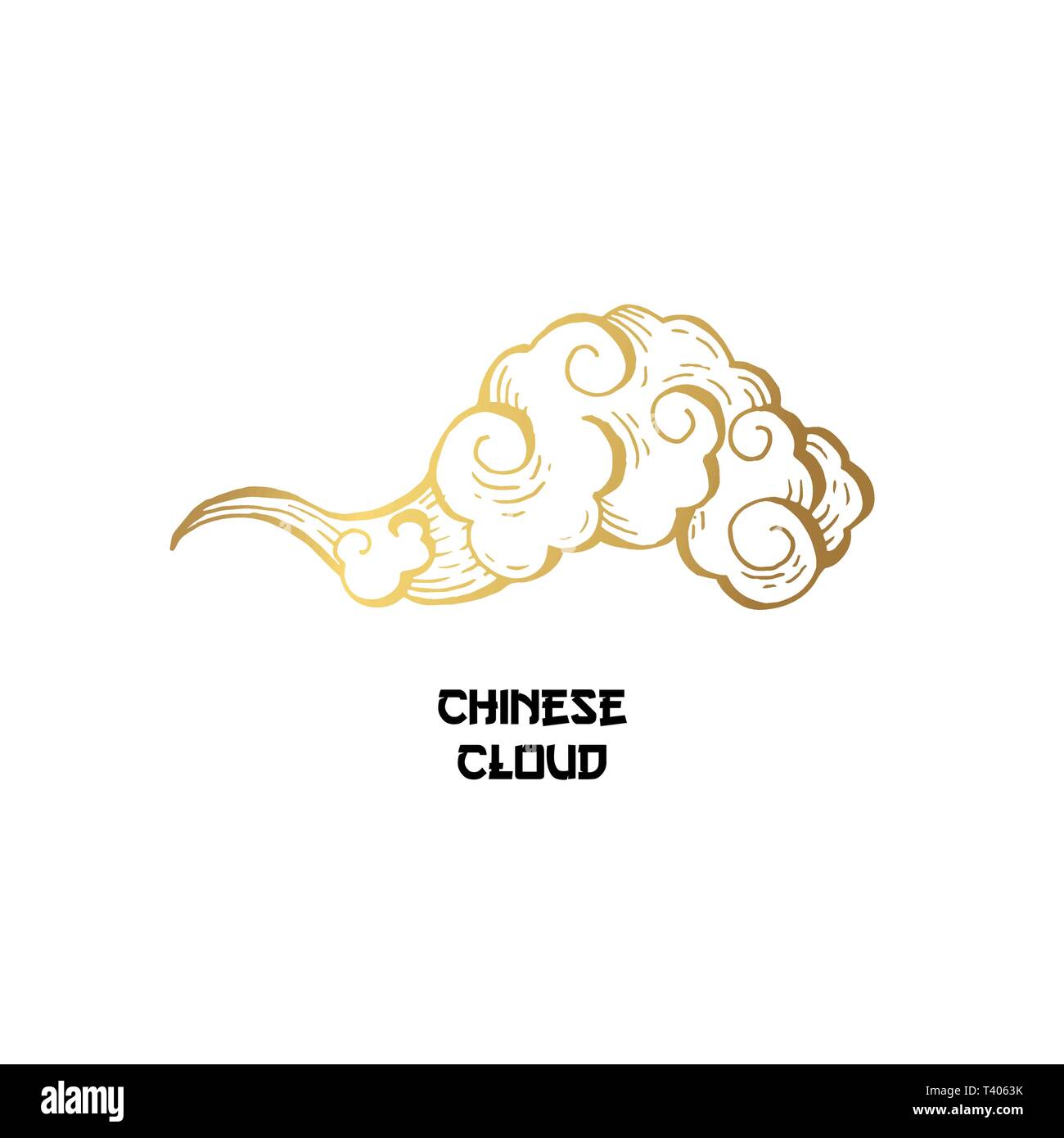 Golden Chinese Clouds hand drawn vector illustration. Overcloud Outline. Smoke white and gold abstract clipart. Chinese art drawing with engraving. Wind blowing. Isolated postcard design element Stock Vector