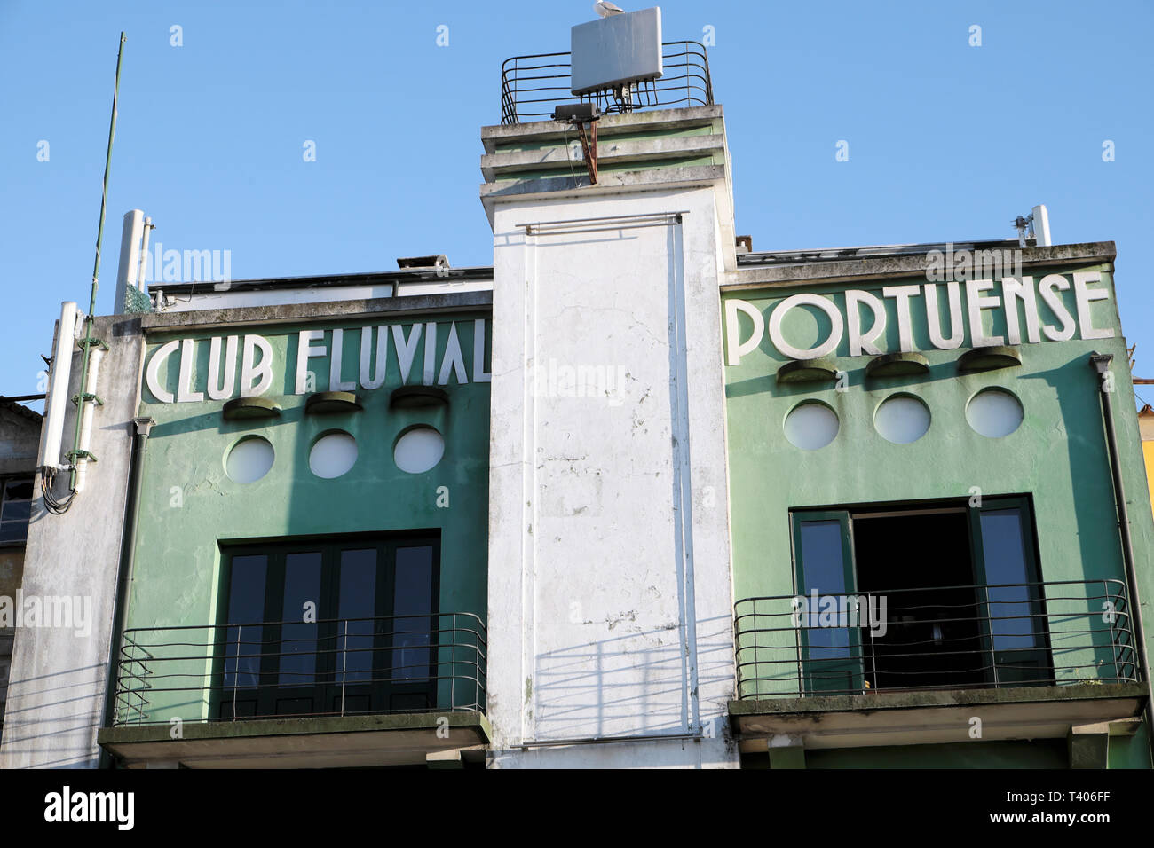 Exterior view of Club Fluvial Portuense building sign on Cais de Gaia, Vila Nova de Gaia in Porto, Portugal Europe EU  KATHY DEWITT Stock Photo