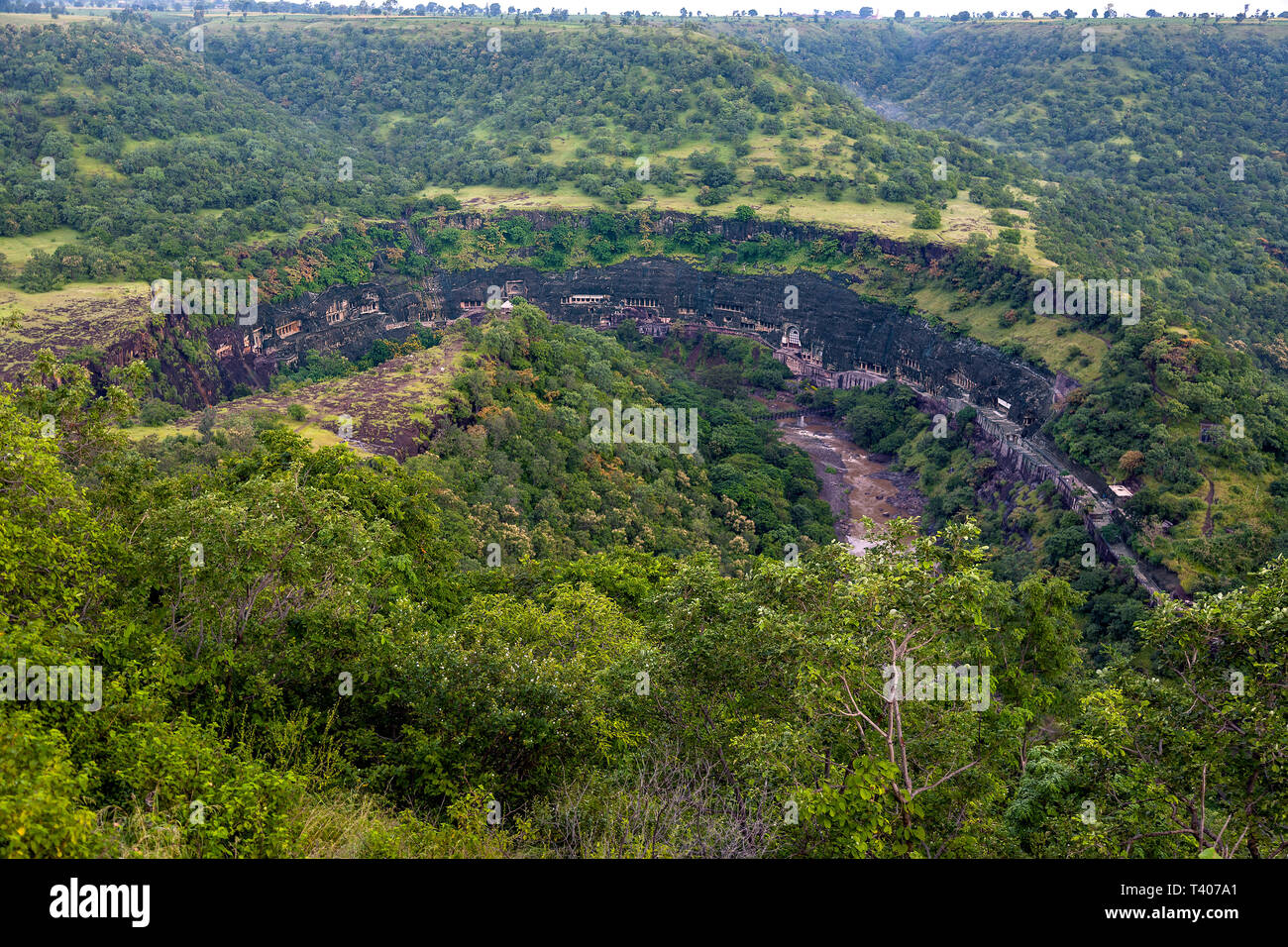 Ajanta caves horseshoe shaped bend of rock surface overlooking stream
