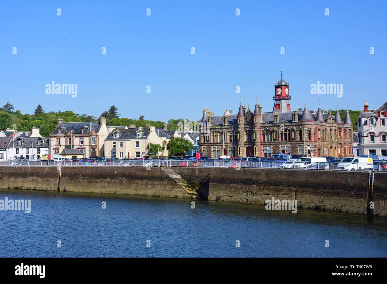 Stornoway seafront showing Town Hall, Stornoway, Isle of Lewis, Outer Hebrides, Na h-Eileanan Siar, Scotland, United Kingdom Stock Photo