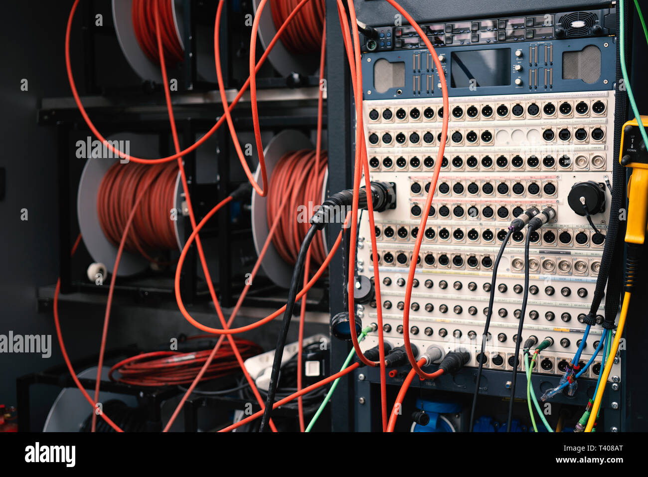 TV broadcast car. OB vans with cable. Stock Photo