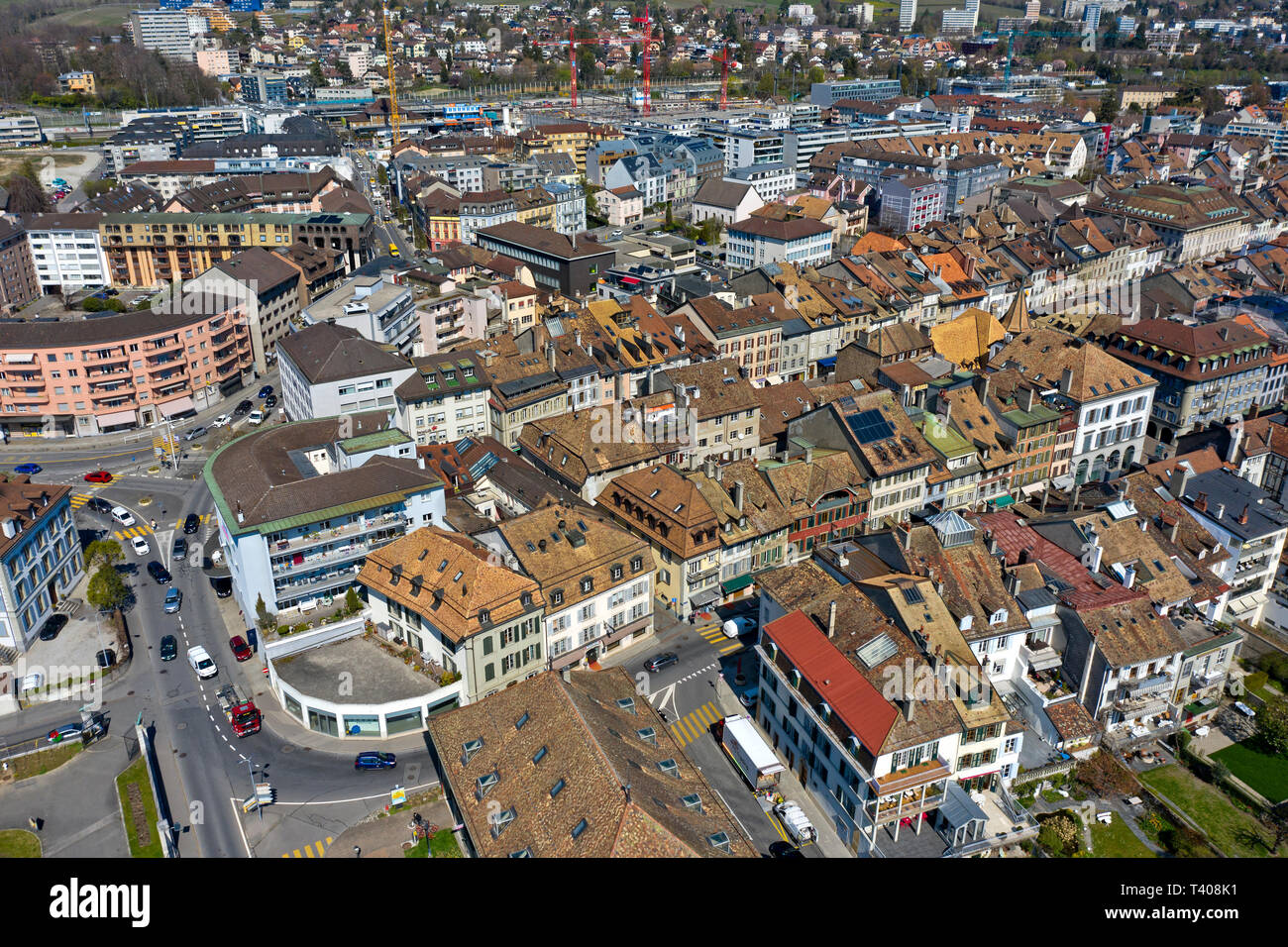 Aerial shot of the old town of Morges, Vaud, Switzerland Stock Photo