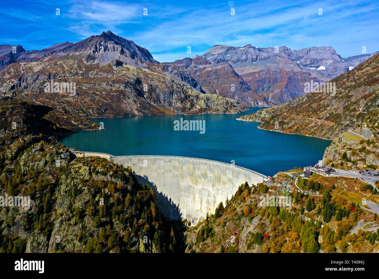 Emosson dam and water reservoir, Barrage d'Emosson, aerial shot, Finhaut, Valais, Switzerland Stock Photo