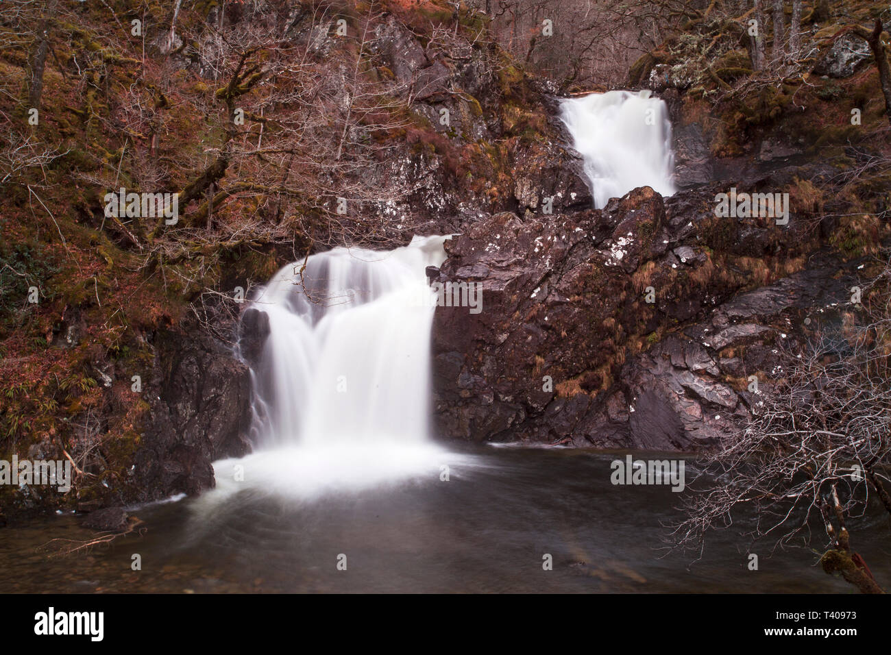 Waterfall on Eas chia-aig near Loch Arkaig Lochaber Highland Region Scotland April 2015 Stock Photo