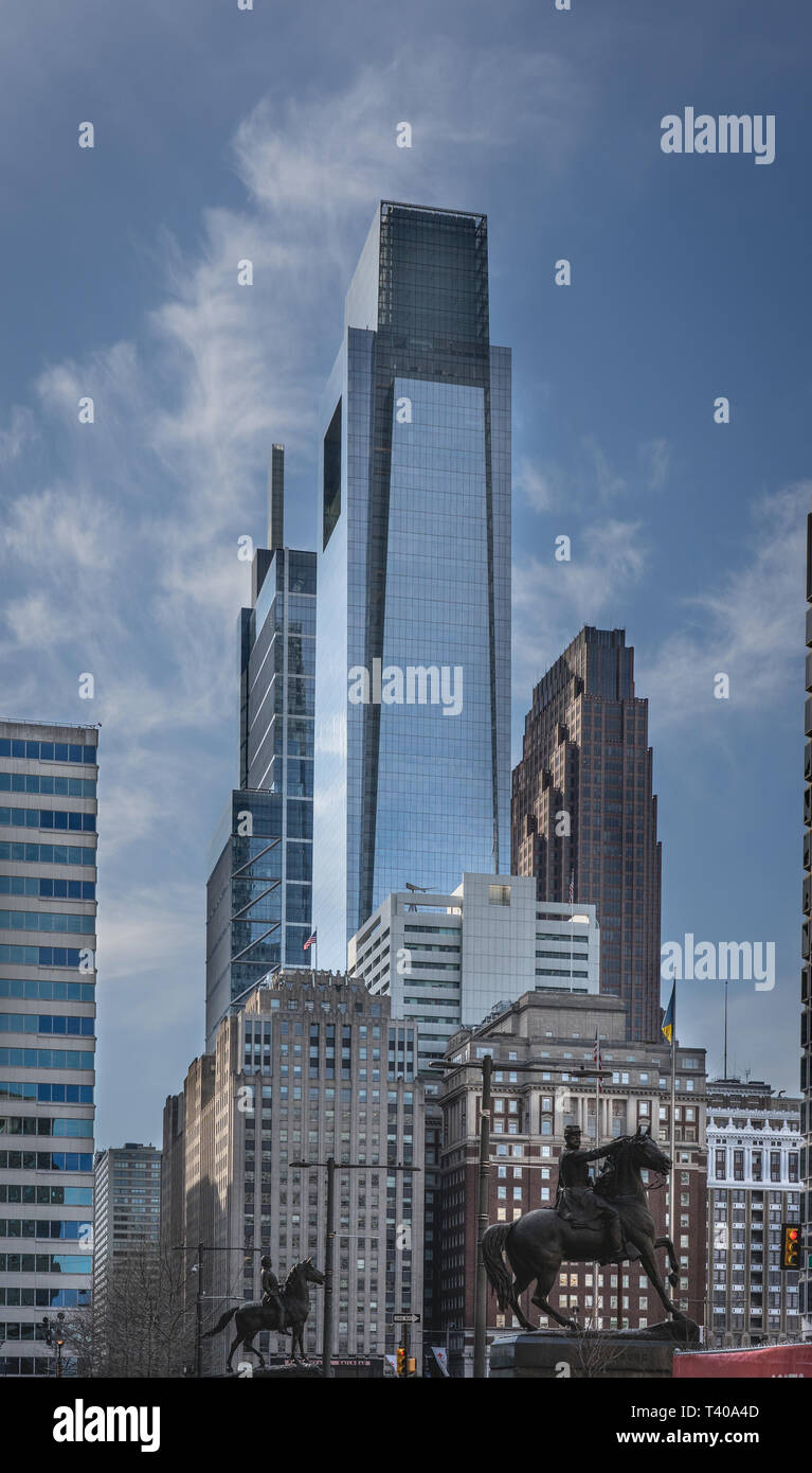 Comcast Center ( the tallest)  next to the Three Logan Square, formerly Bell Atlantic Tower, (the brown building) center city Philadelphia, Pennsylvan Stock Photo