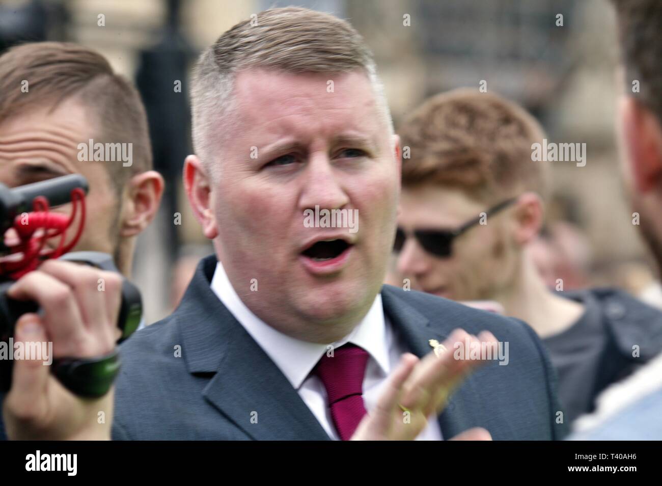 LONDON, UNITED KINGDOM. 12th April 2019, Paul Golding confronts members of Socialist worker outside the Houses of Parliament. © Martin Foskett/Knelstrom Ltd Stock Photo