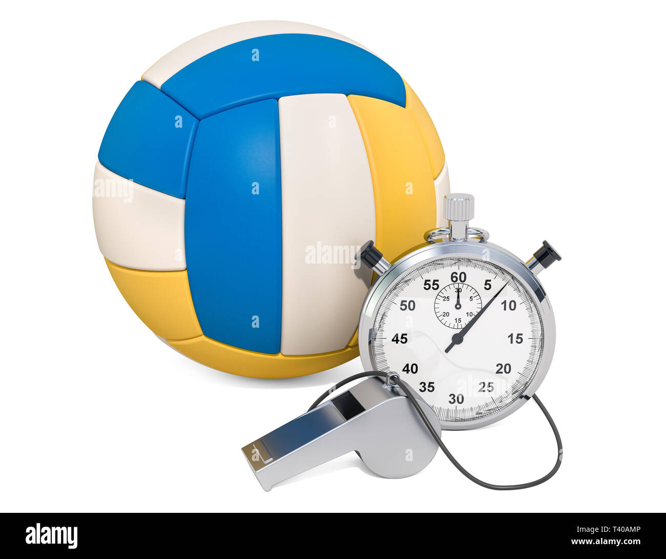 Volleyball ball with whistle and stopwatch, 3D rendering isolated on