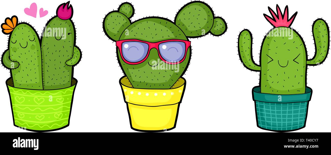 Set of three flower pots with happy cactuses illustration Stock Vector ...