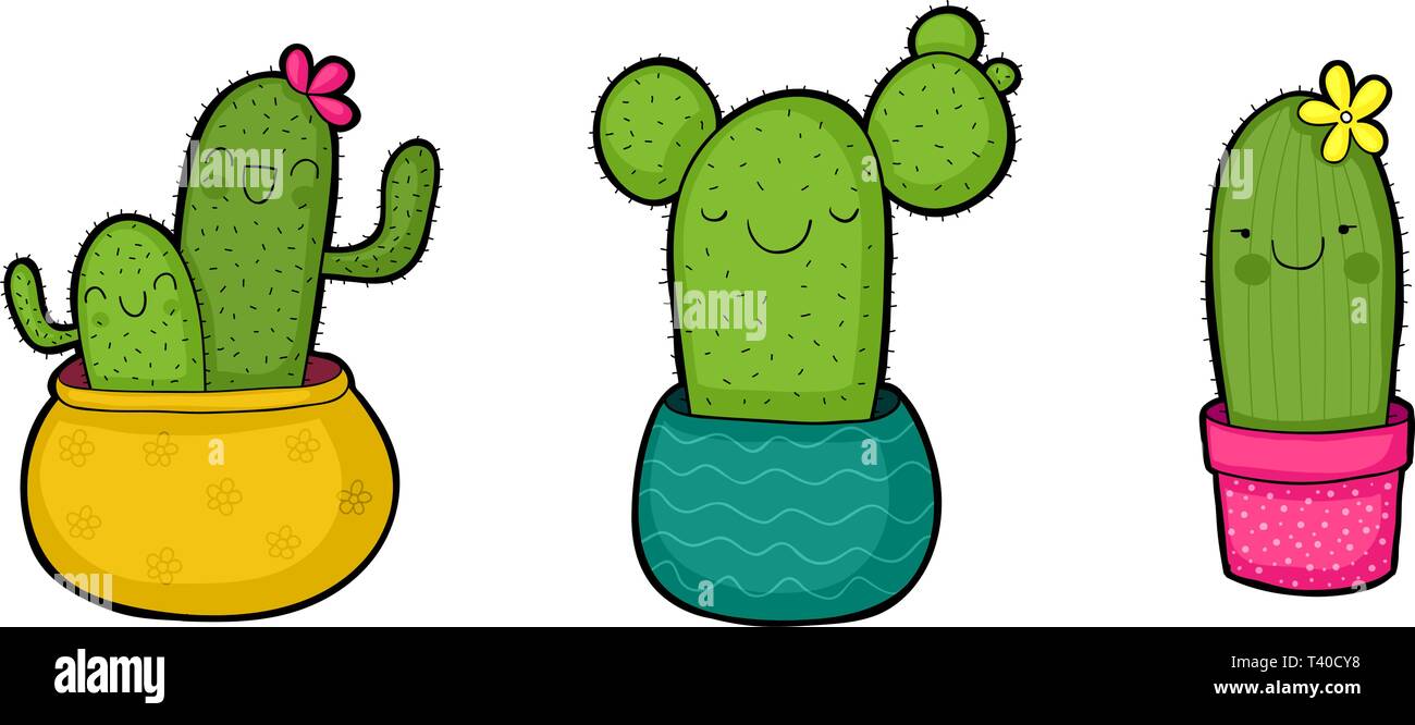 Set of three flower pots with happy cactuses illustration Stock Vector ...