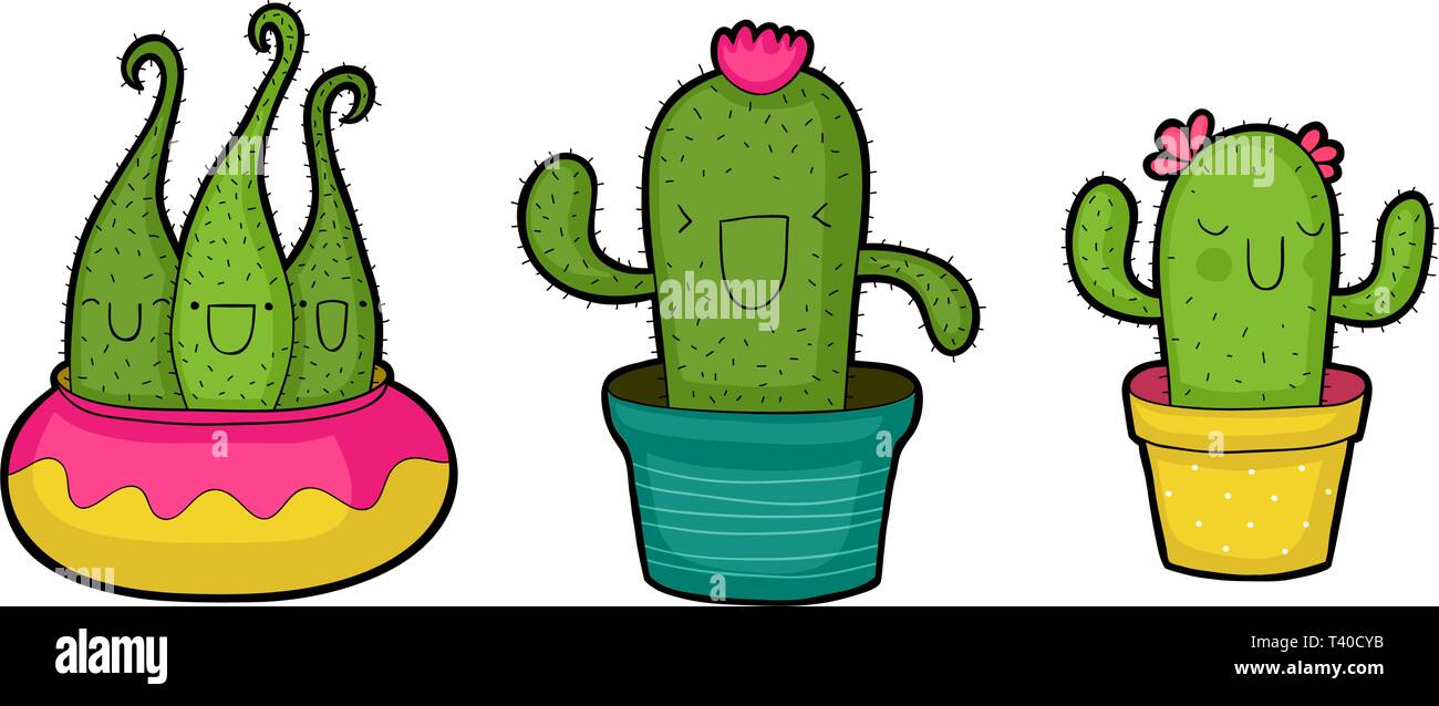 Set of three flower pots with happy cactuses illustration Stock Vector ...