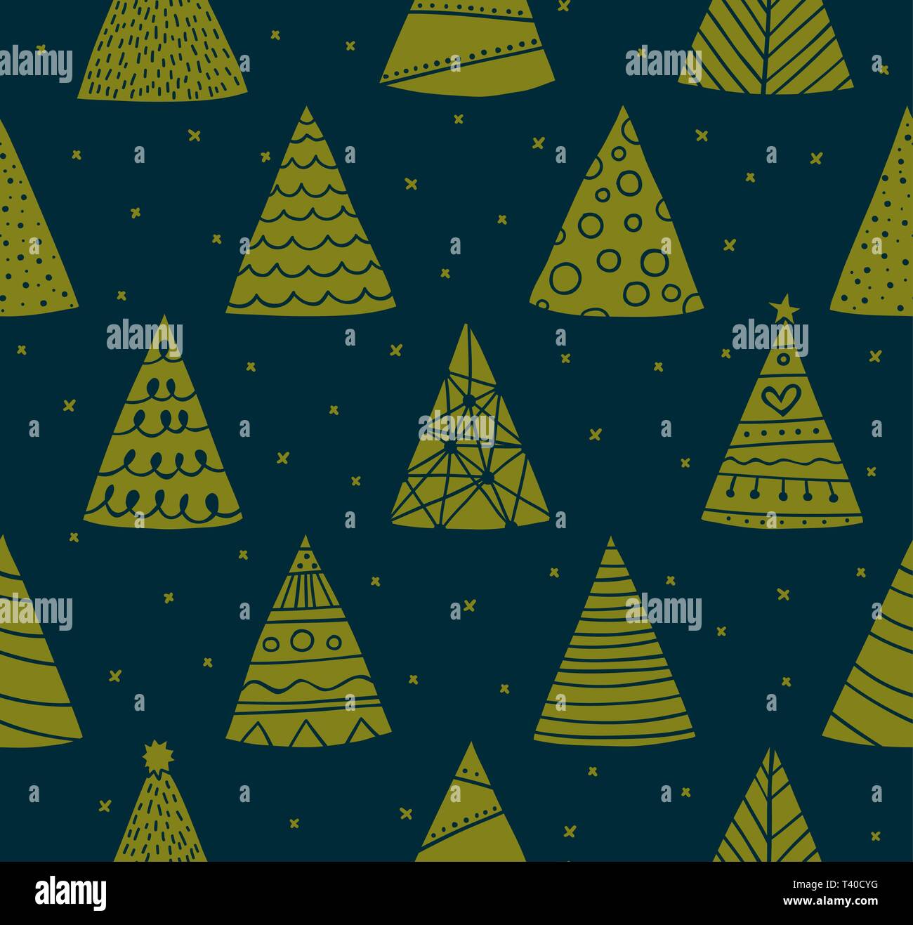 Seamless Christmas pattern with doodle Xmas trees for wrapper or background Stock Vector