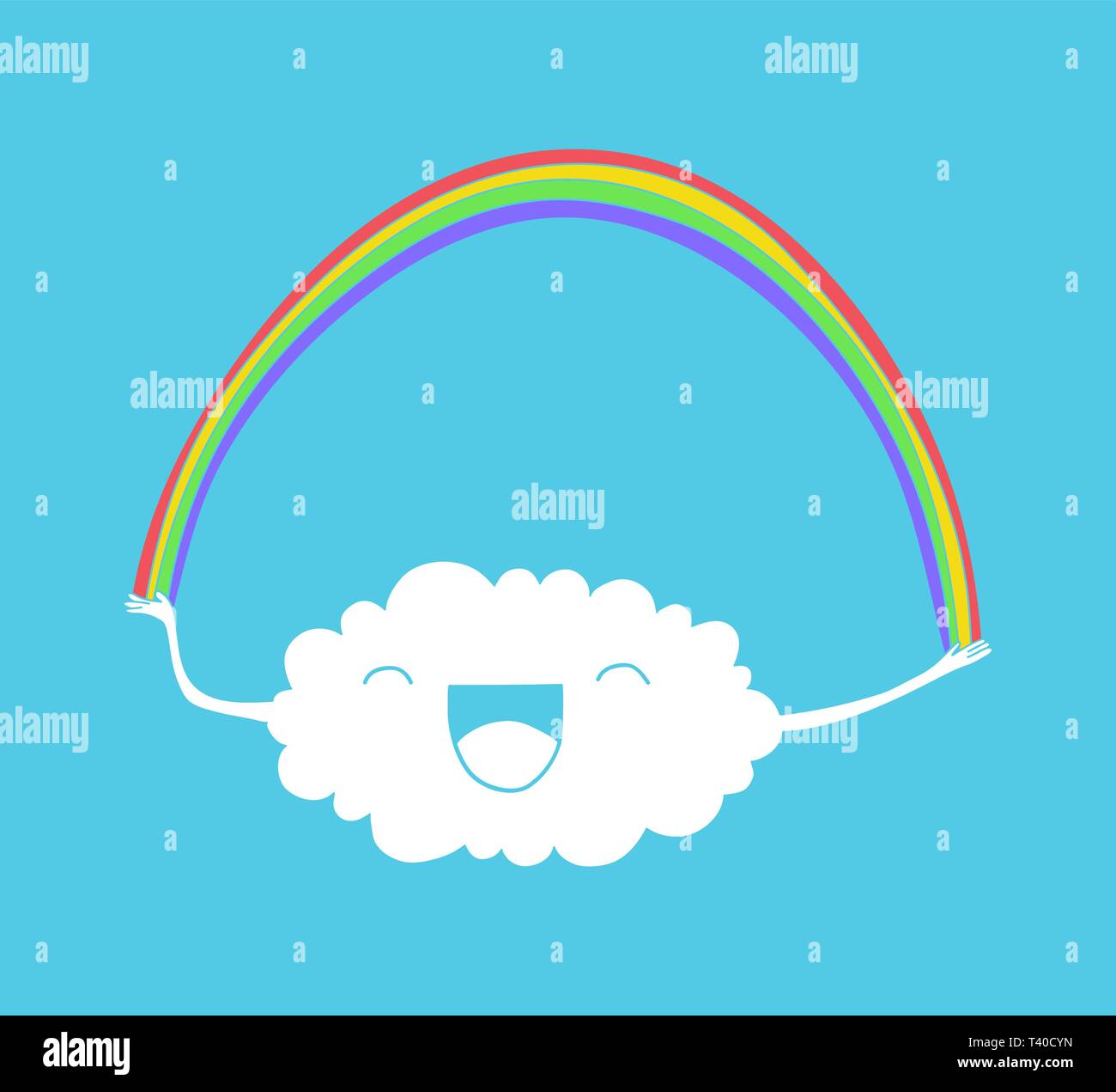 Cute kawaii style illustration of a cloud playing with a rainbow Stock ...
