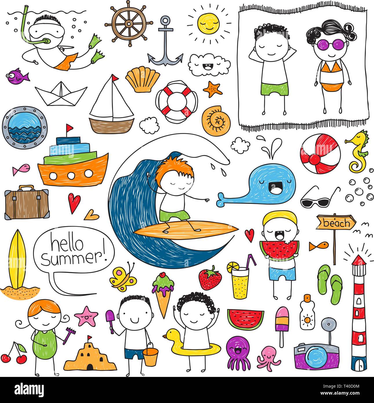 Collection of cute children's drawings of summer related things, colored imperfectly. Stock Vector