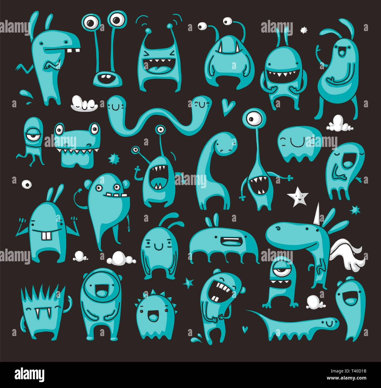Cute and childish doodle monsters and creatures on a dark background Stock  Vector Image & Art - Alamy