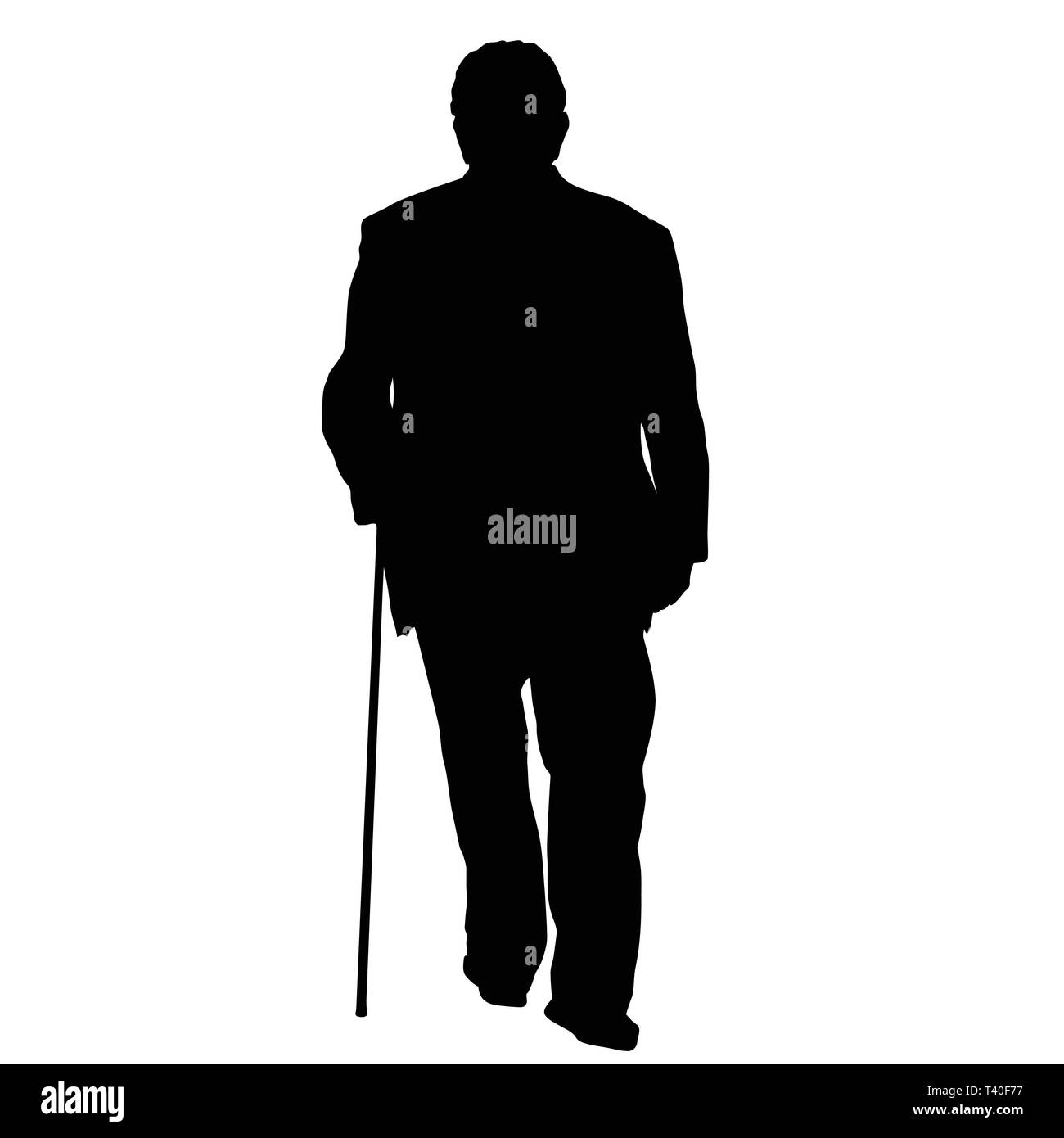 Old man silhouette with stick on white background, vector illustration ...
