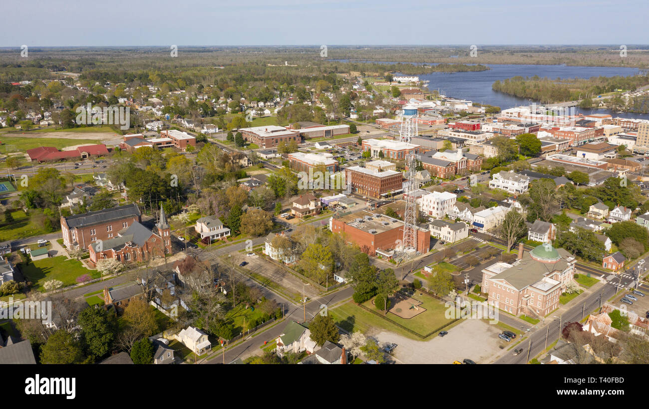 Aerial view of the picturesque downtown urban area of Elizabeth City