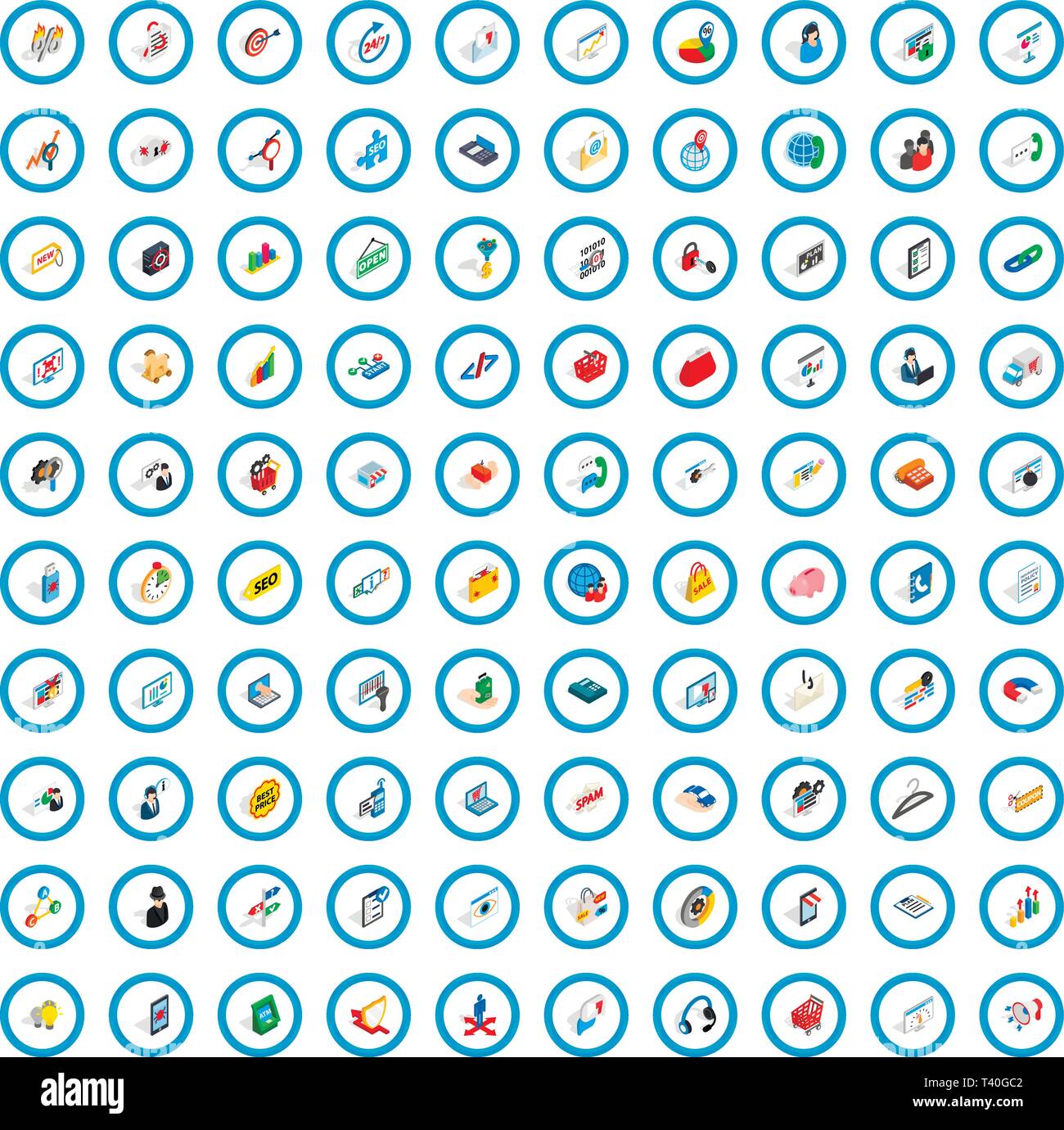 100 statistic data icons set, isometric 3d style Stock Vector